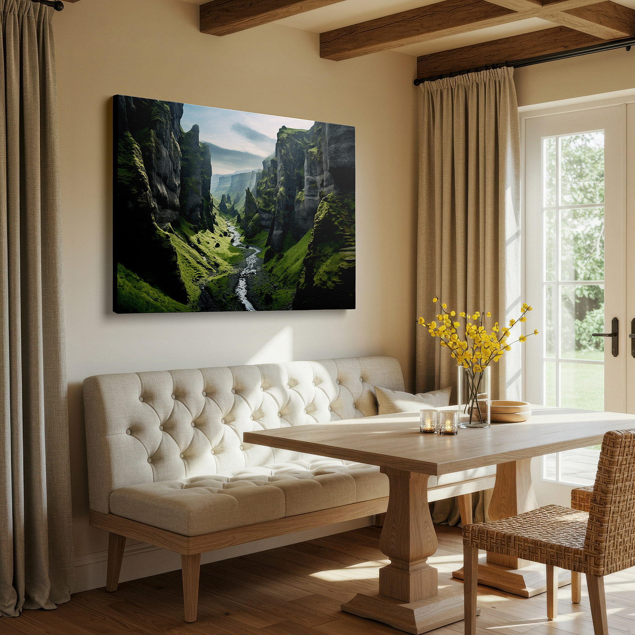Set in a minimalist interior with textured walls and soft rugs — verdant valley and serene river - a peaceful blend of nature's pristine beauty large wall art, canvas wall art, wall decor, office wall art