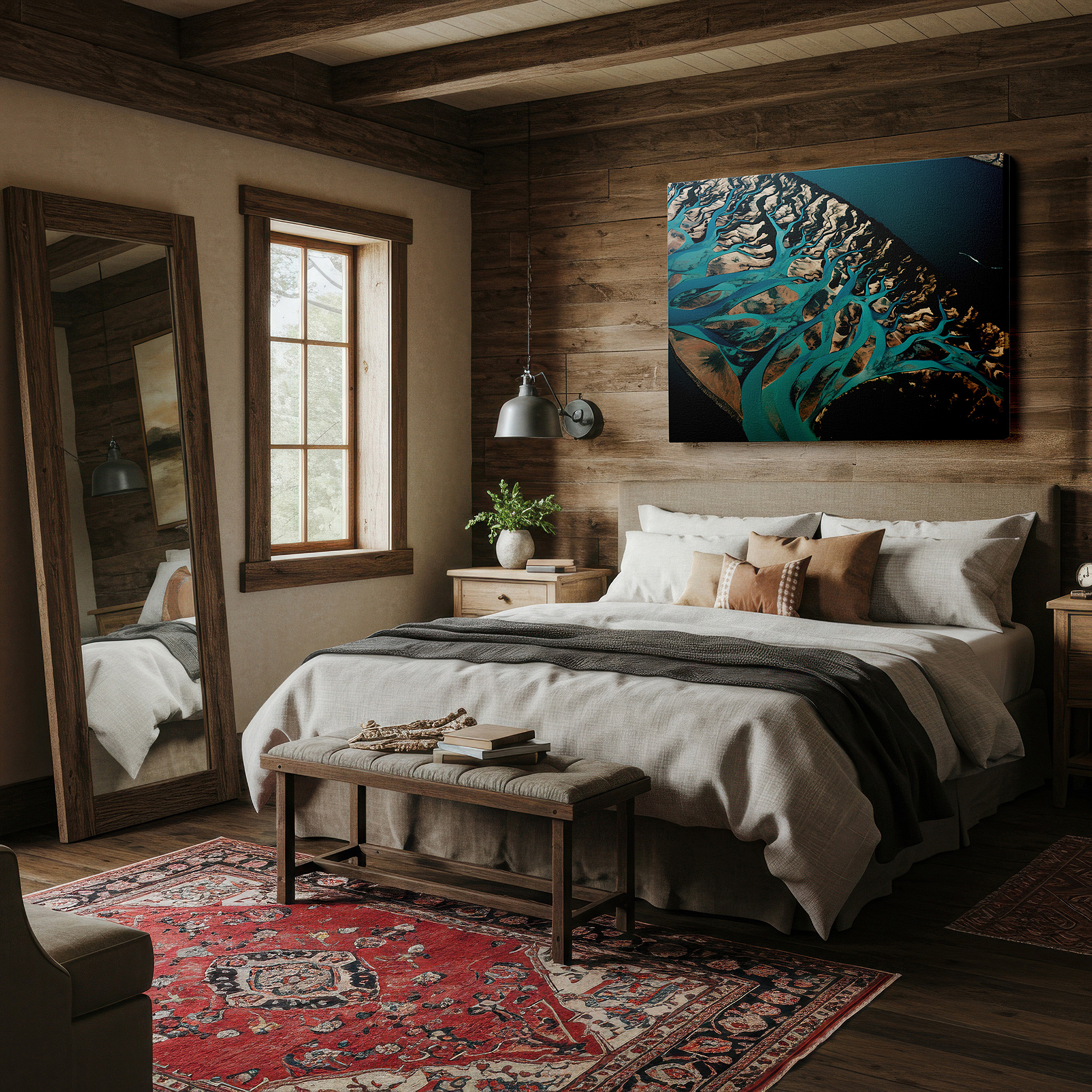 Set in a minimalist interior with textured walls and soft rugs — vibrant aerial river landscapes on expansive canvas, large wall decor for office
