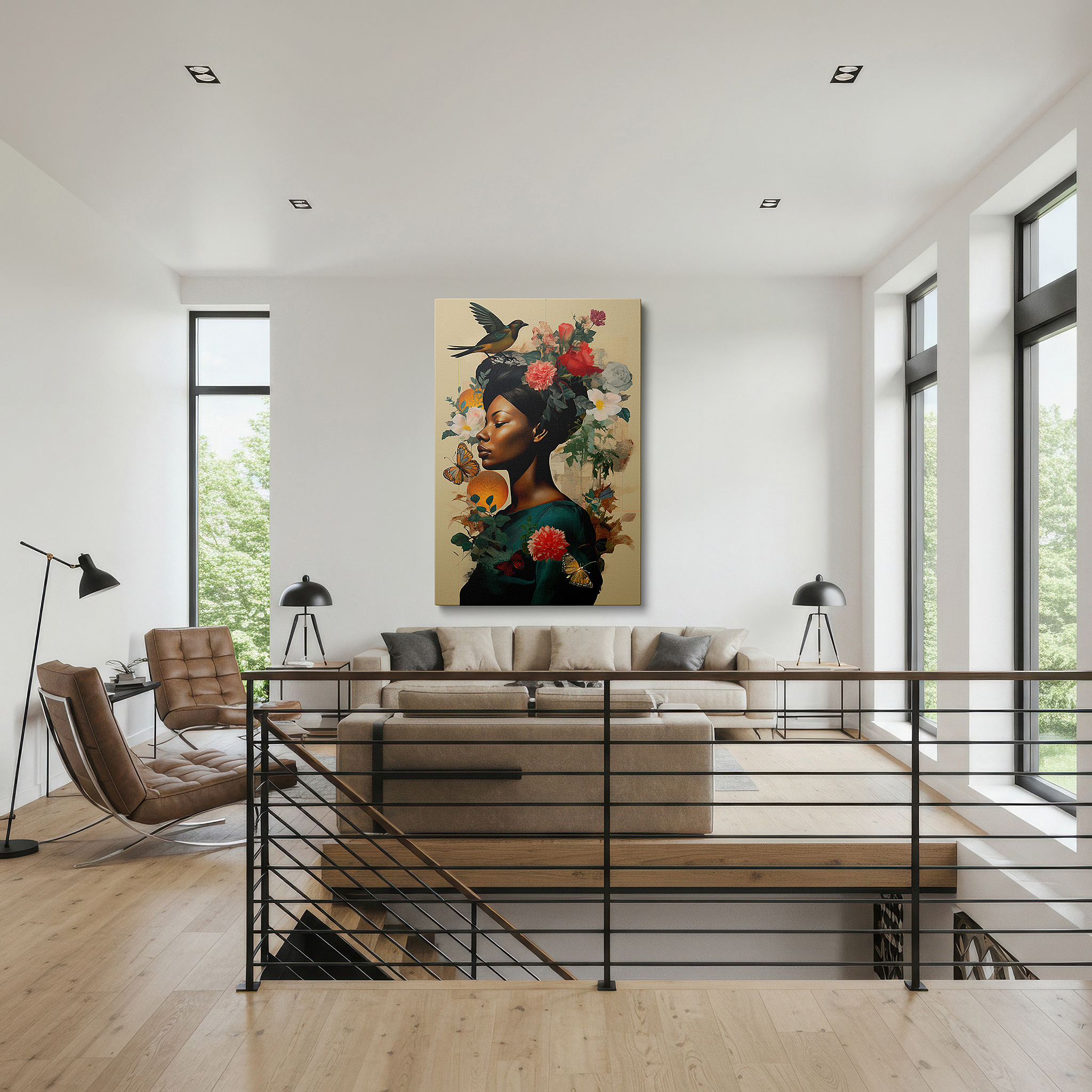 Set in a minimalist interior with textured walls and soft rugs — vibrant large wall art featuring a woman adorned with flowers and butterflies, capturing ethereal beauty and nature's serenity