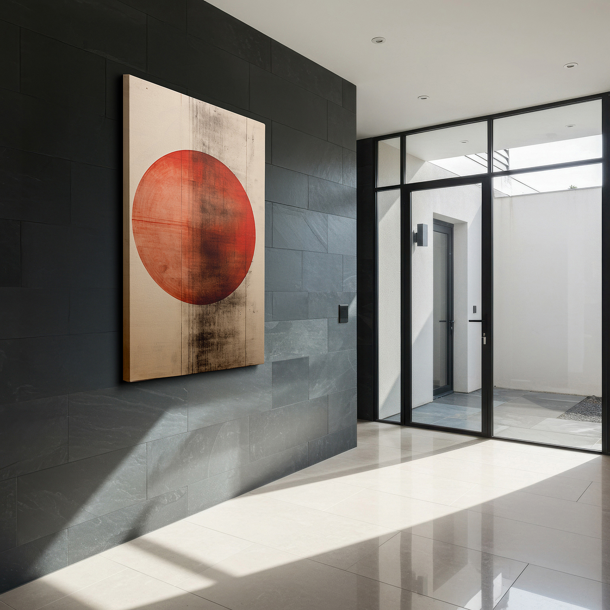 Set in a minimalist interior with textured walls and soft rugs — vibrant red circle on textured natural background, representing unity and energy - large wall art, canvas wall art, wall decor for office and bedroom