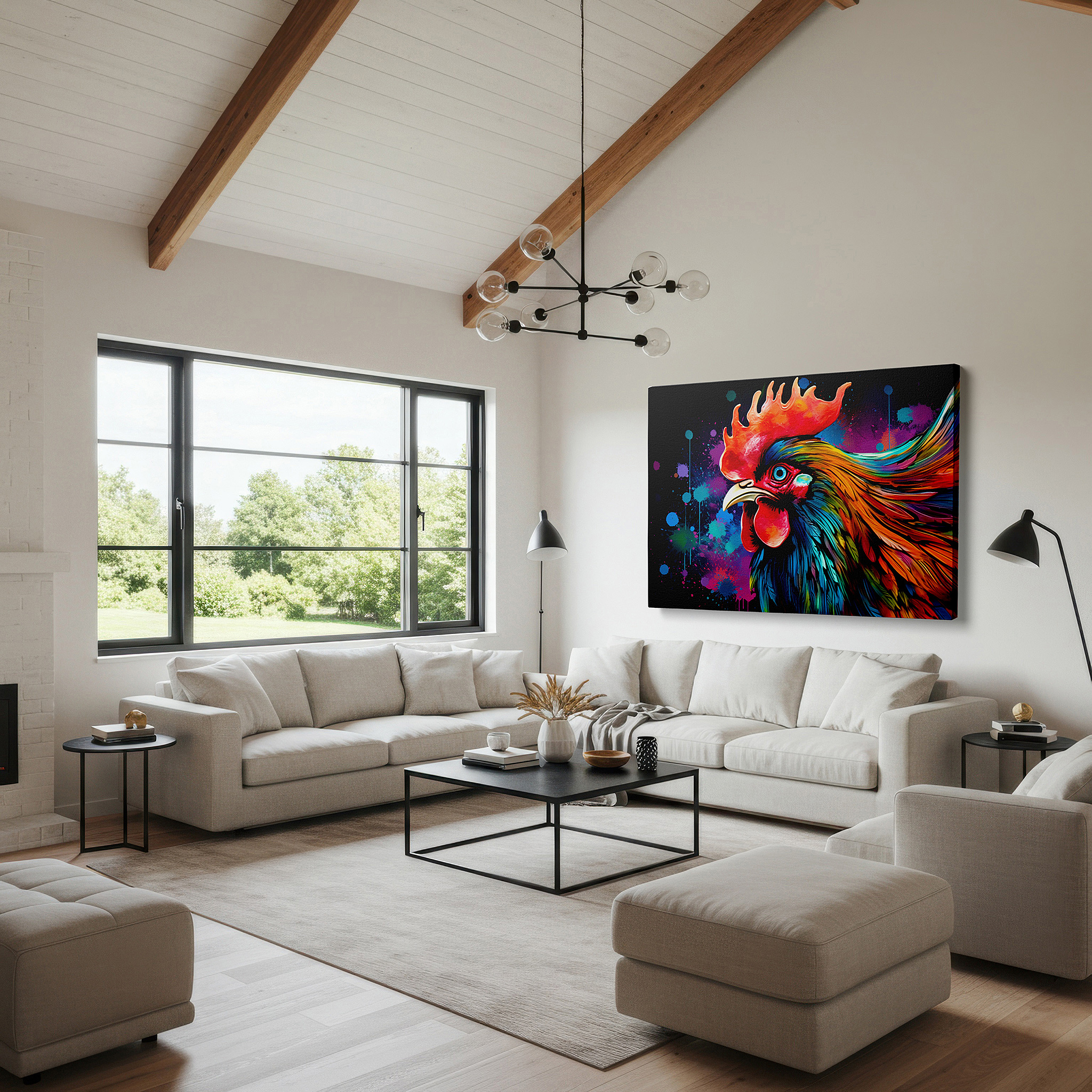 Set in a minimalist interior with textured walls and soft rugs — vibrant rooster mid-crow, emblem of dawn and fresh starts, large canvas wall art for office, bedroom, and living room decor