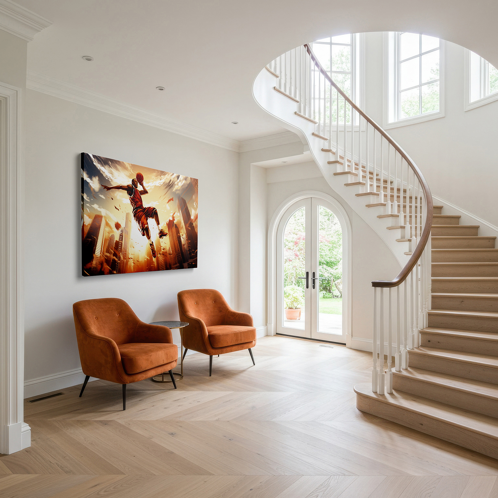 Set in a minimalist interior with textured walls and soft rugs — wall art: athlete's sunset leap over urban skyline - a symbol of resilience and passion. large canvas wall art for office and bedroom decor.