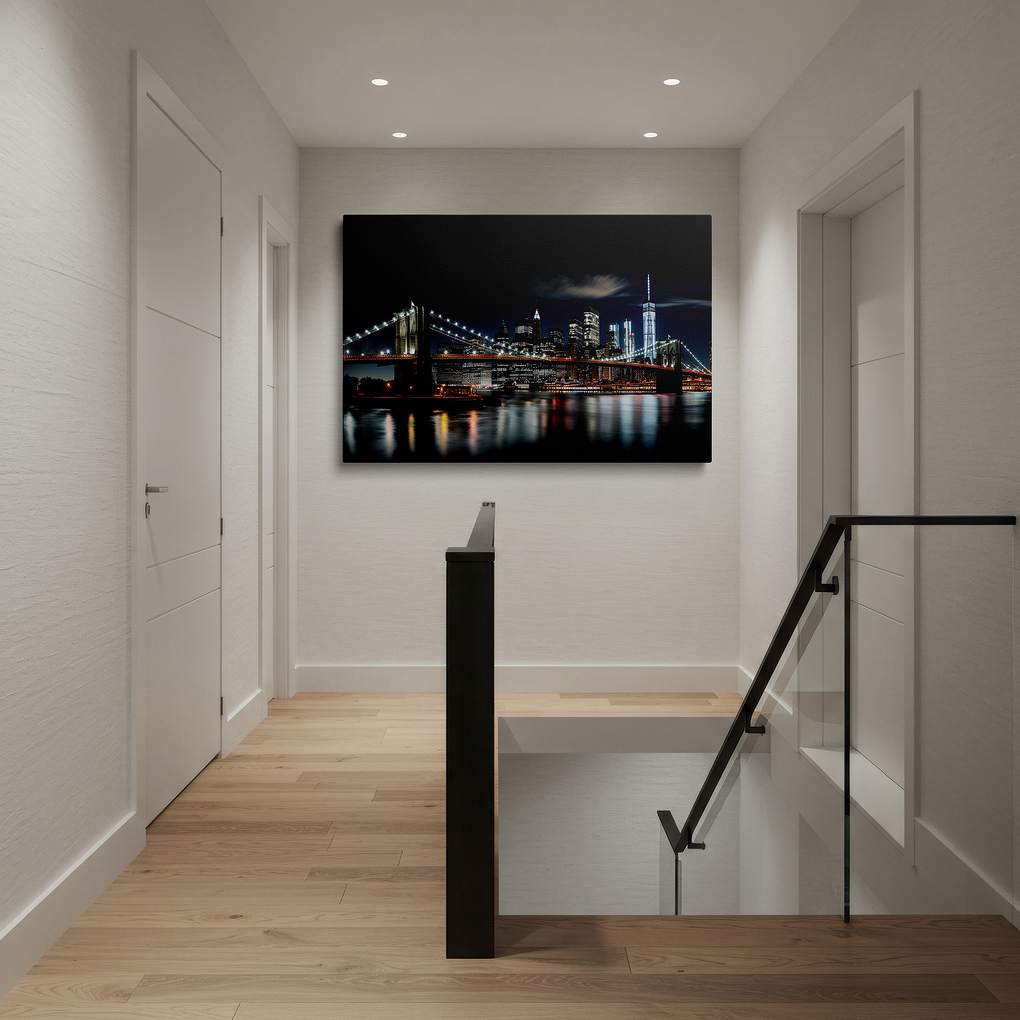 Set in a minimalist interior with textured walls and soft rugs — wall art: enchanting nighttime view of brooklyn bridge and new york city skyline - urban tapestry, large canvas wall art for home and office decor