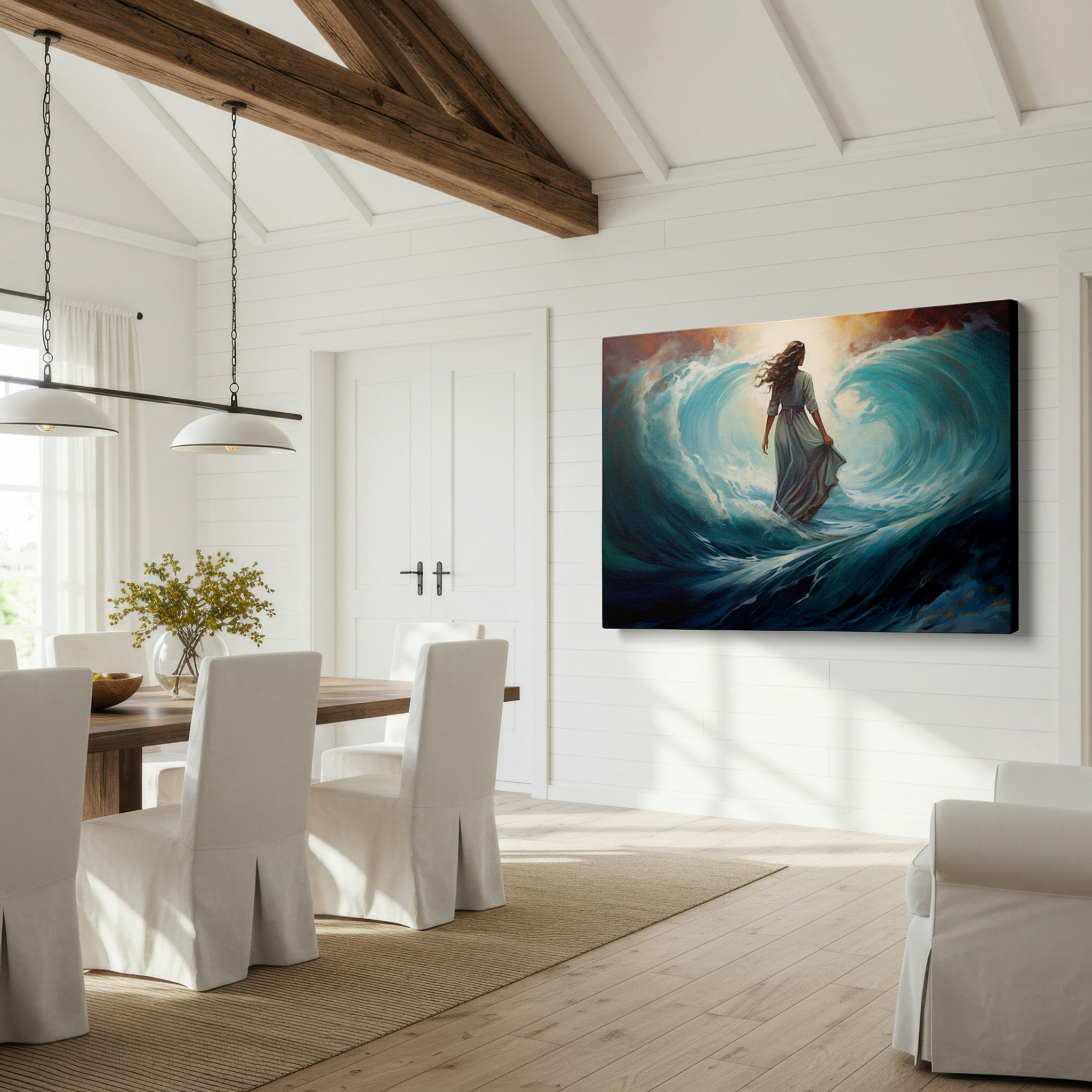 Set in a minimalist interior with textured walls and soft rugs — wall art: human resilience amidst nature's grandeur - a timeless dance of waves and will. large canvas wall art for office and bedroom decor