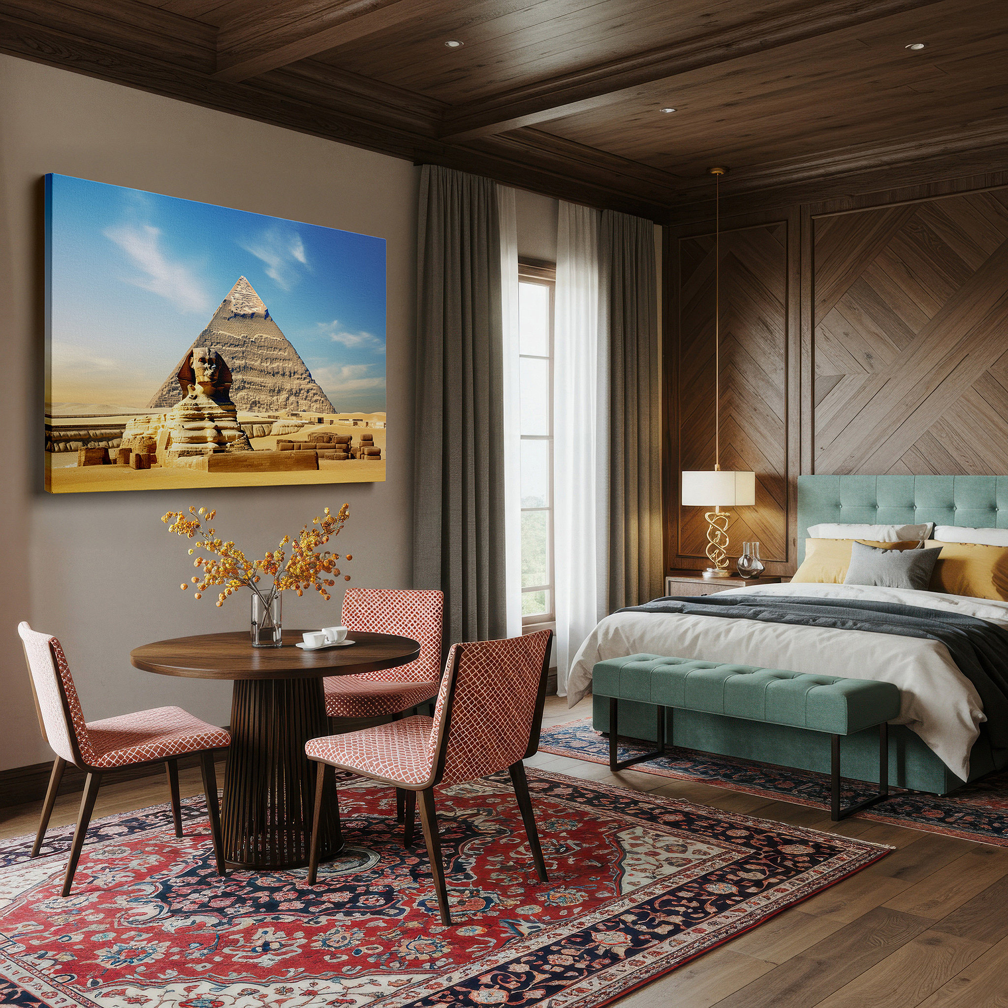 Set in a minimalist interior with textured walls and soft rugs — wall art: majestic sphinx and pyramid beneath a bright blue sky - a tribute to the wonders of ancient egypt, large canvas wall art for home and office decor