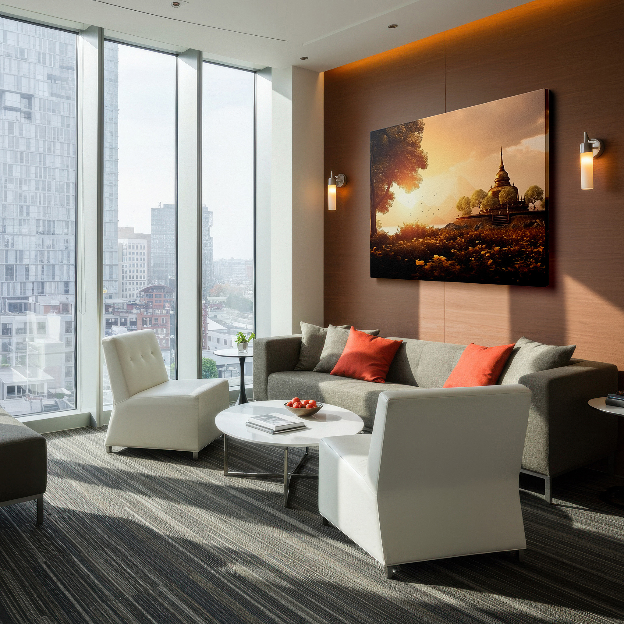 Set in a minimalist interior with textured walls and soft rugs — wall art: serene temple in a verdant landscape at golden sunset - a haven of spiritual peace and architectural beauty, large canvas wall art decor.