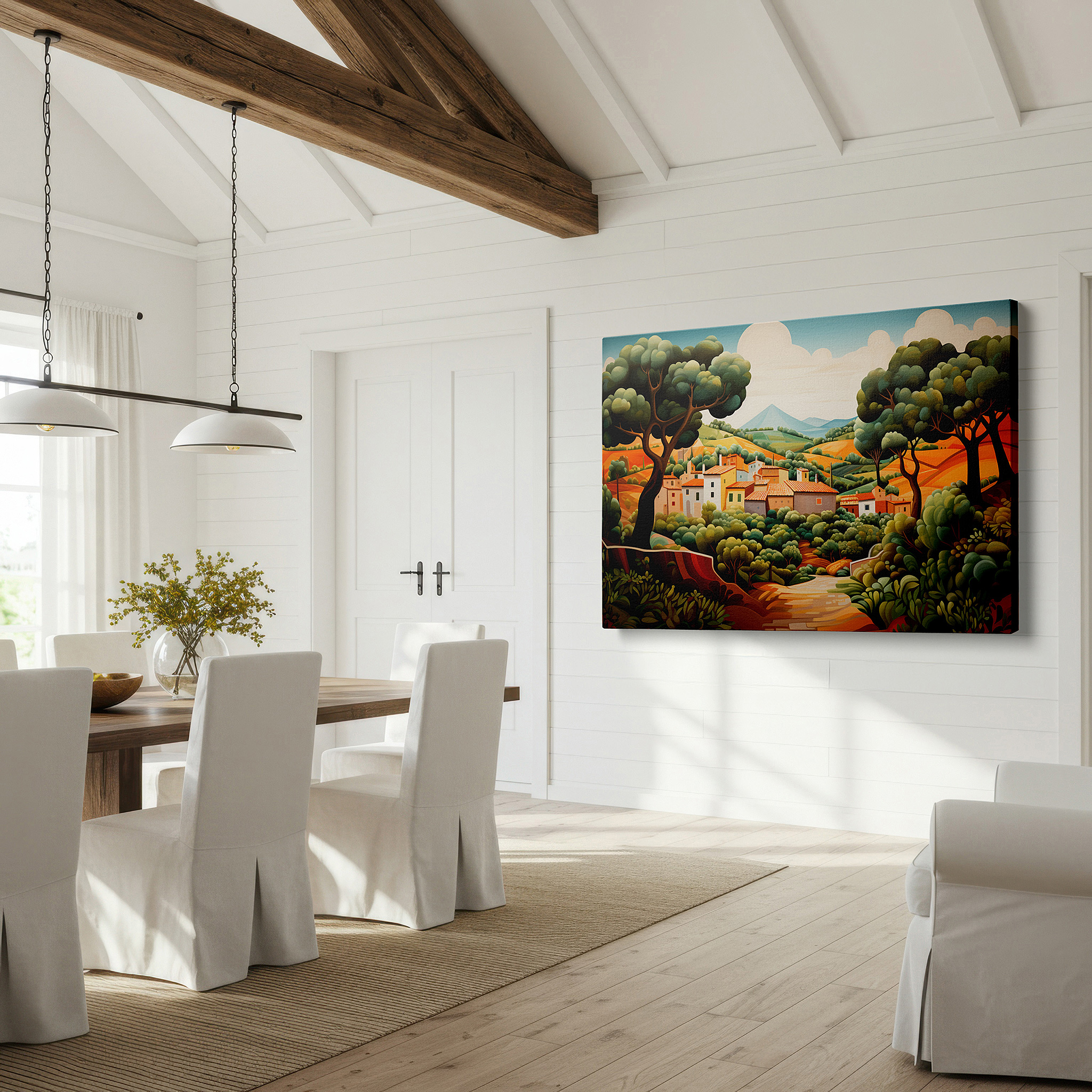 Set in a minimalist interior with textured walls and soft rugs — wall art: serene village surrounded by gentle hills, a lively display of countryside appeal and natural balance - large canvas wall art for home and office decor