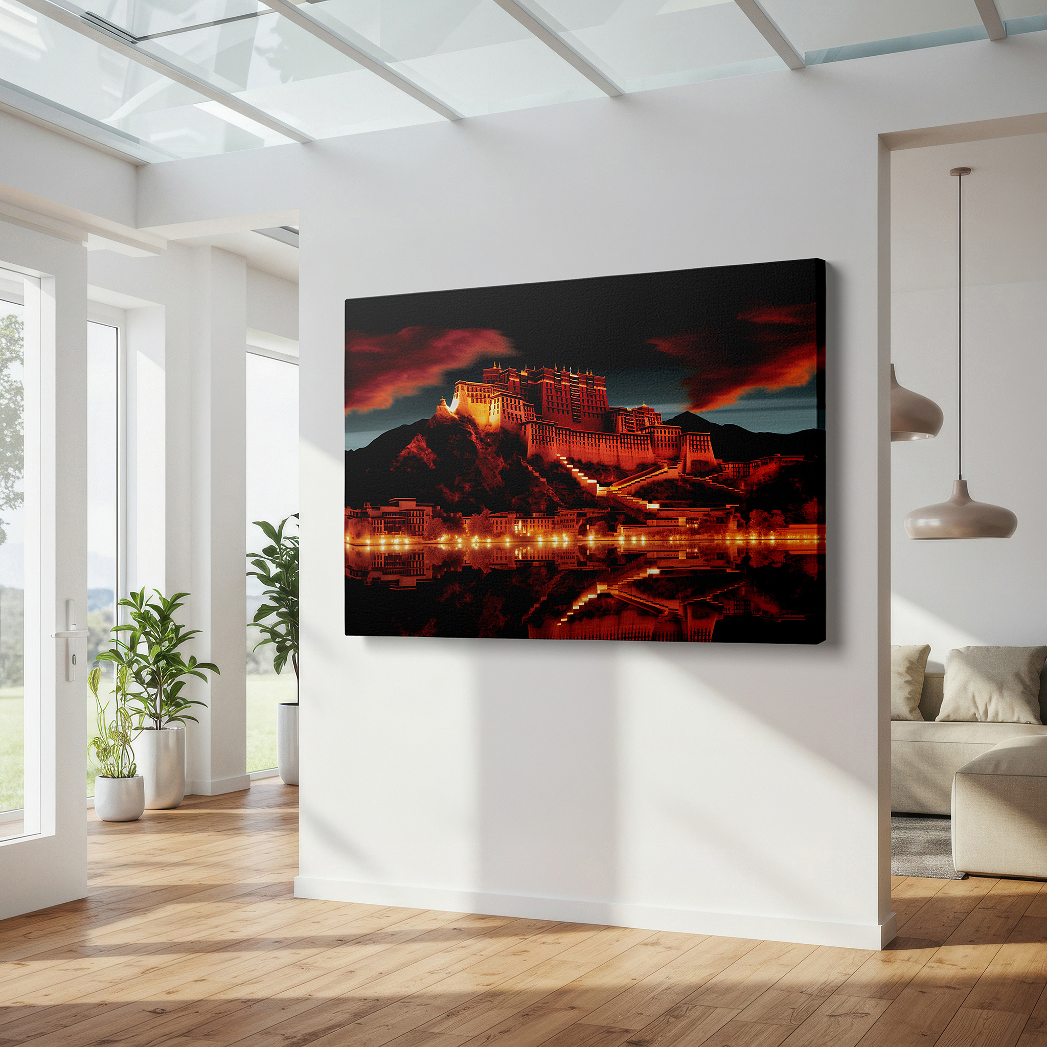Set in a minimalist interior with textured walls and soft rugs — wall art: starlit majesty of the potala palace - golden glow amid twilight blues. large canvas wall art for office and bedroom decor.