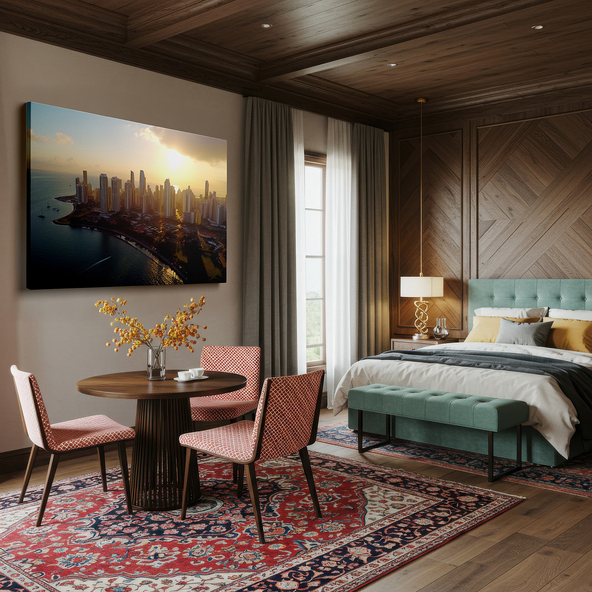 Set in a minimalist interior with textured walls and soft rugs — wall art: sunset cityscape - celebrating urban innovation and modern vibrancy, large canvas art for home and office decor