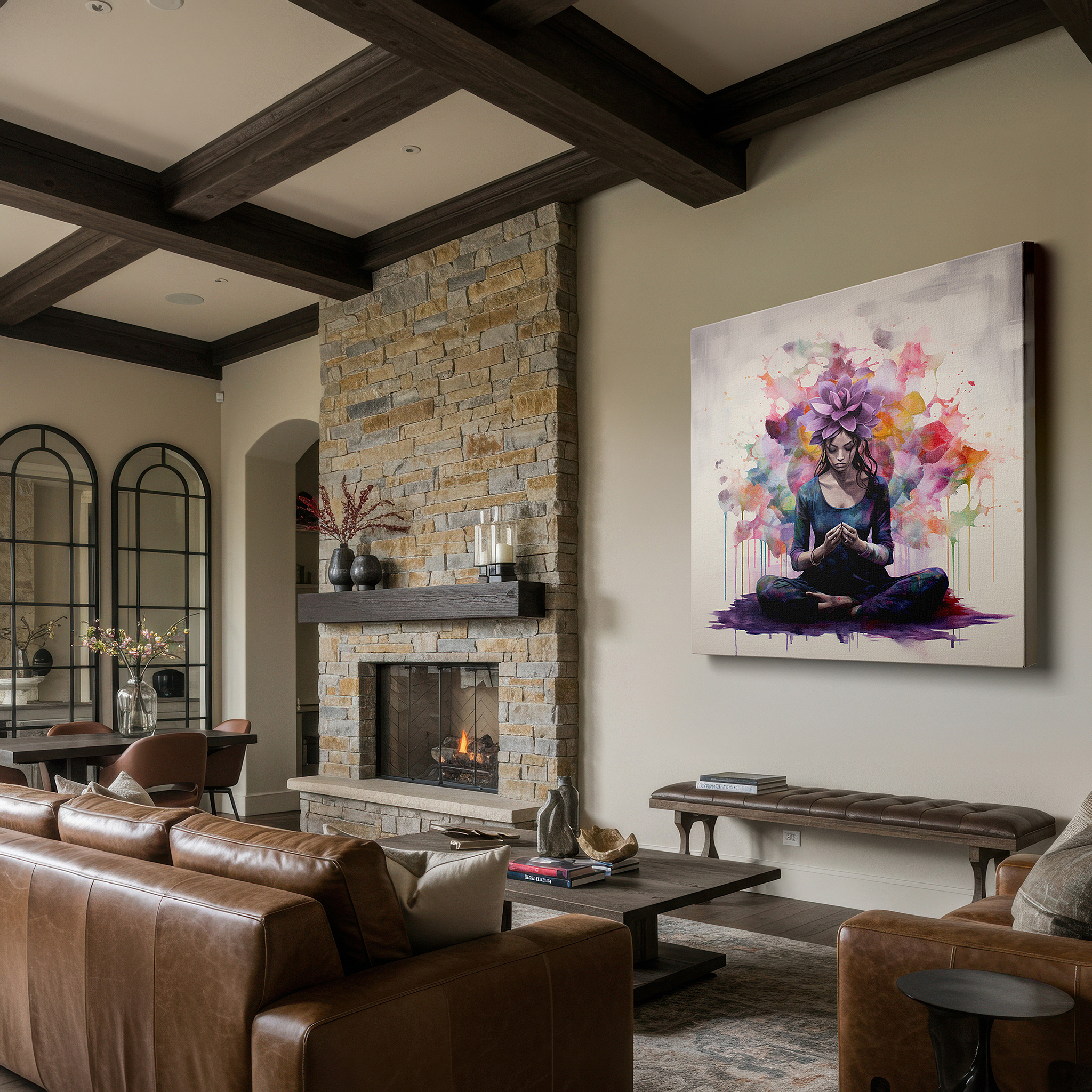 Set in a minimalist interior with textured walls and soft rugs — wall art: tranquil meditation with vivid abstracts and floral designs - large canvas wall art for office and bedroom decor