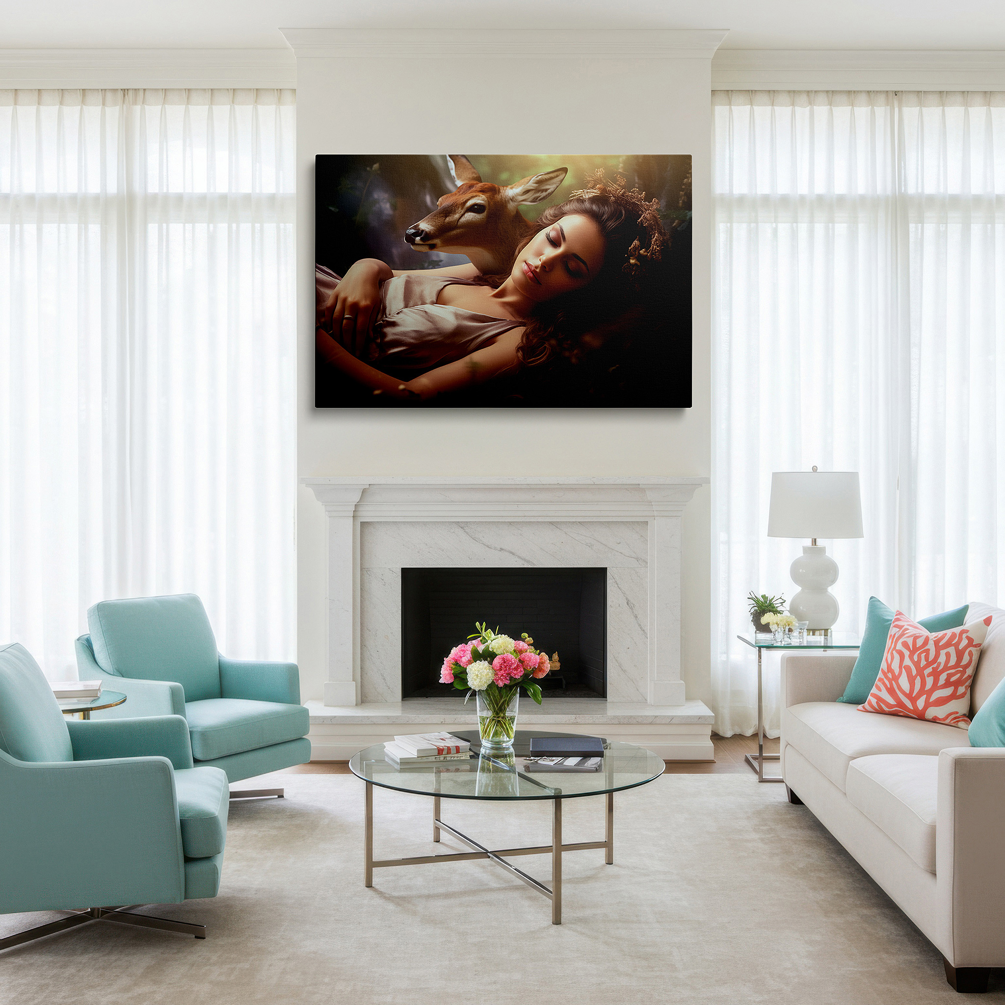 Set in a minimalist interior with textured walls and soft rugs — wall art: tranquil scene of a young woman and deer in peaceful embrace - large canvas wall art for home and office decor, perfect for bedroom walls