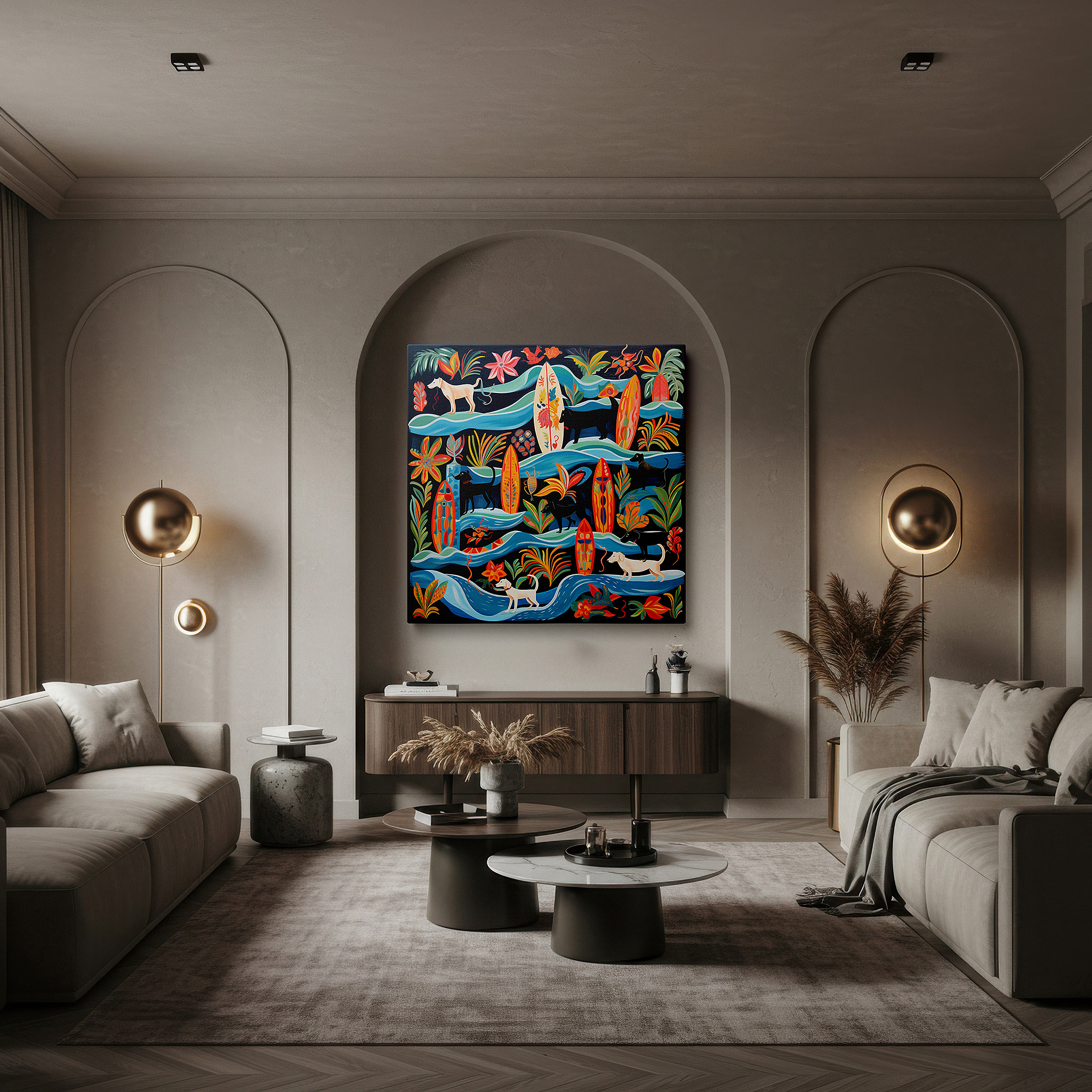 Set in a minimalist interior with textured walls and soft rugs — wall decor: cheerful dogs on a tropical beach featuring black labradors and vibrant surfboards - large canvas art for office and bedroom