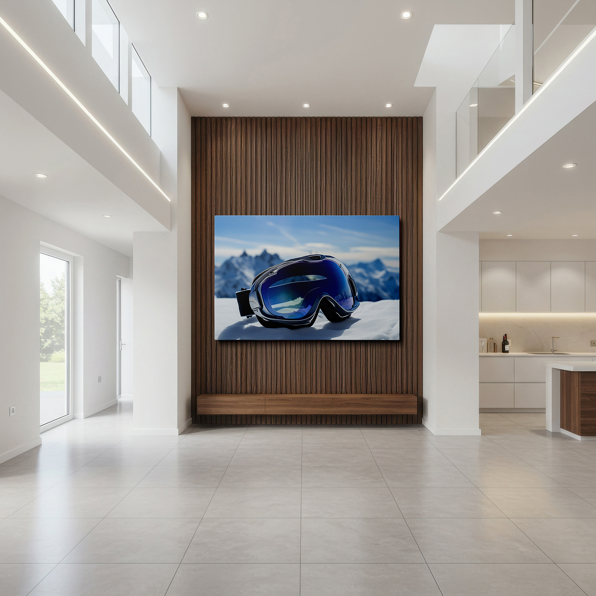 Set in a minimalist interior with textured walls and soft rugs — wall decor: elegant winter sports scene with reflective ski goggles and snow-capped peaks - large canvas art for office and home