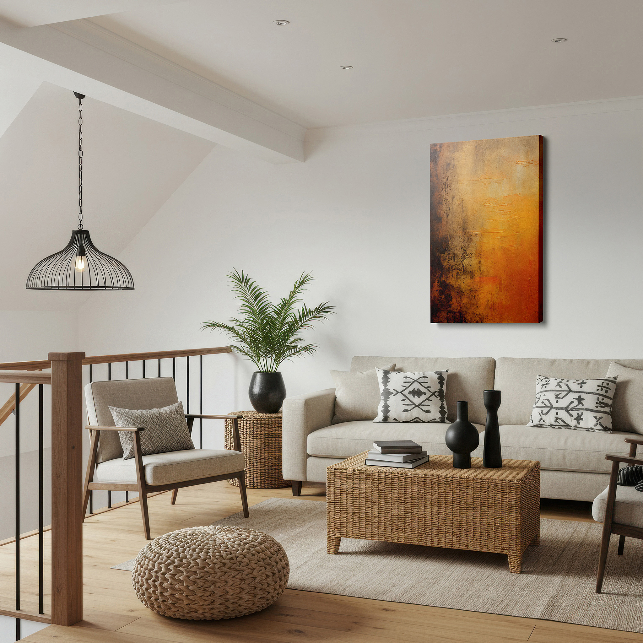 Set in a minimalist interior with textured walls and soft rugs — warm orange and cool brown tones on textured canvas, large wall art for office or bedroom decor