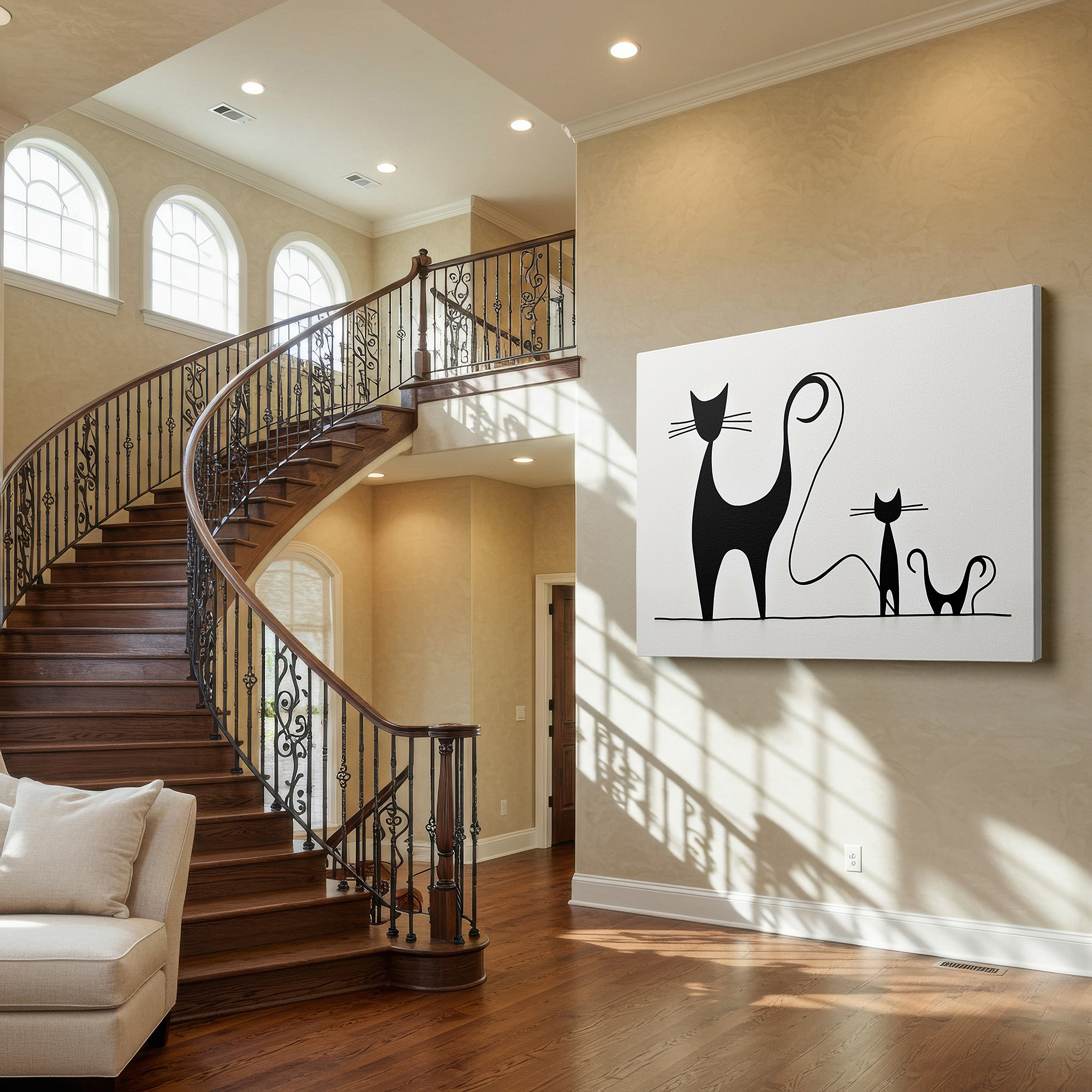 Set in a minimalist interior with textured walls and soft rugs — whimsical black cats in minimalist style: tranquil and playful large wall art for office and bedroom decor