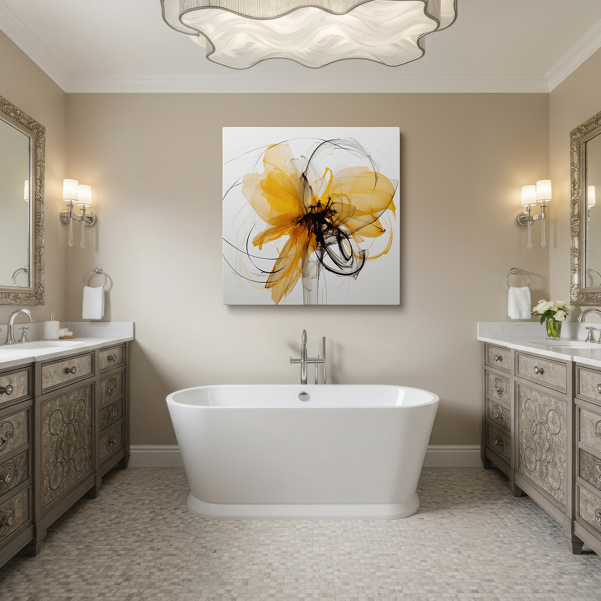 Set in a minimalist interior with textured walls and soft rugs — yellow and black passionate and creative large wall art, canvas decor for office, bedroom, and living spaces
