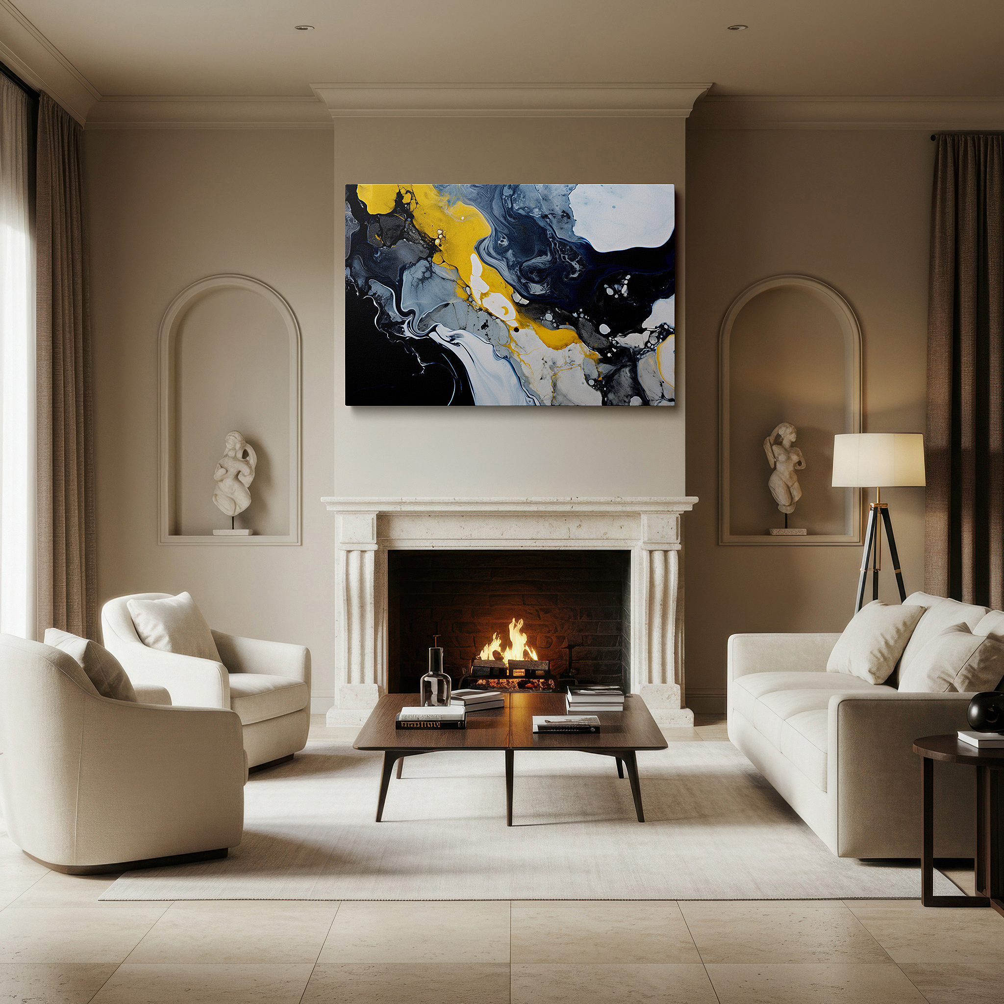 Side profile highlights a tightly wrapped canvas over a 3 cm deep stretcher — abstract composition featuring dynamic interplay of yellow, grey, and black - large canvas wall art for office and bedroom decor