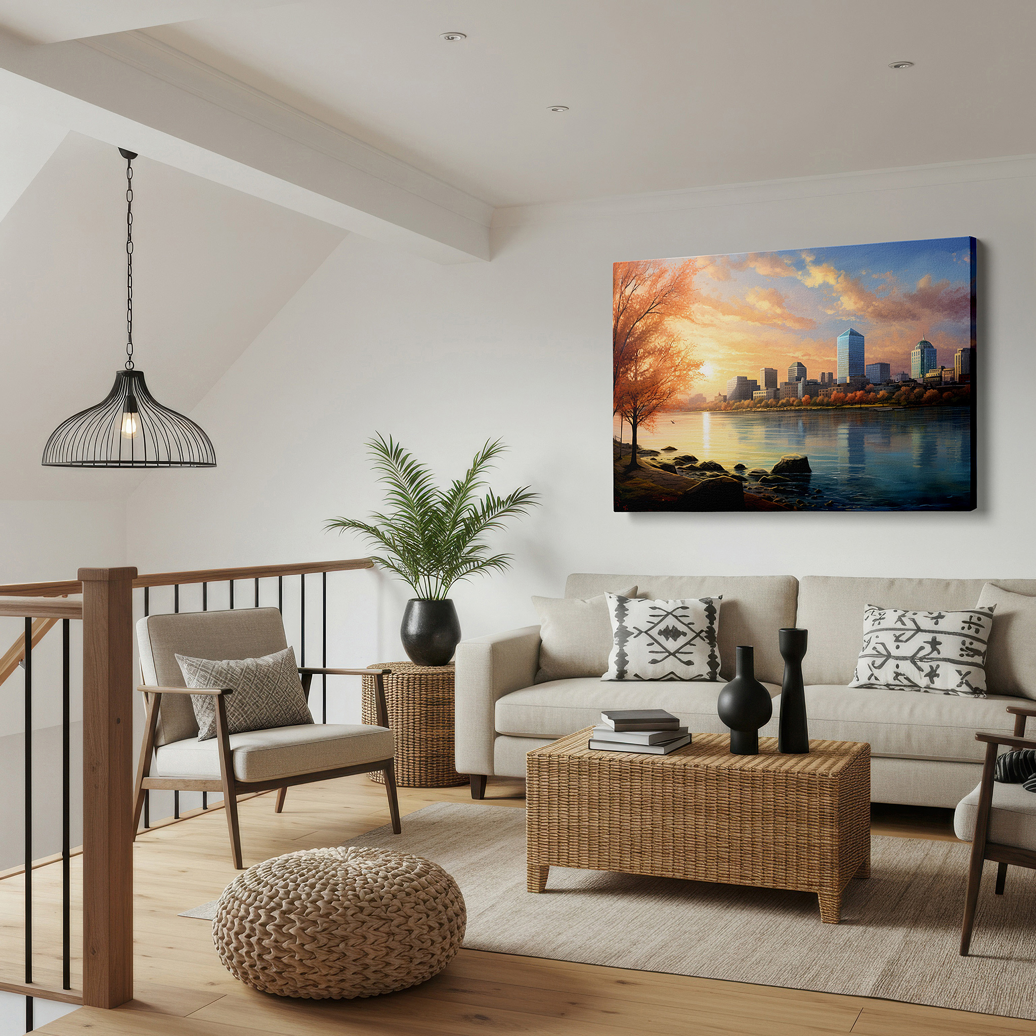 Side profile highlights a tightly wrapped canvas over a 3 cm deep stretcher — autumnal city skyline and golden sunset reflection large canvas wall art for office and bedroom decor