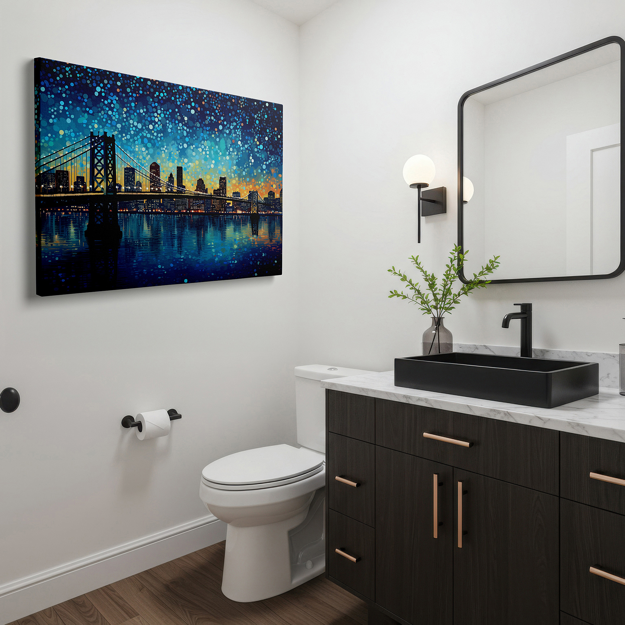 Side profile highlights a tightly wrapped canvas over a 3 cm deep stretcher — bay bridge and city skyline nighttime splendor large canvas wall art for office, bedroom, and living room decor