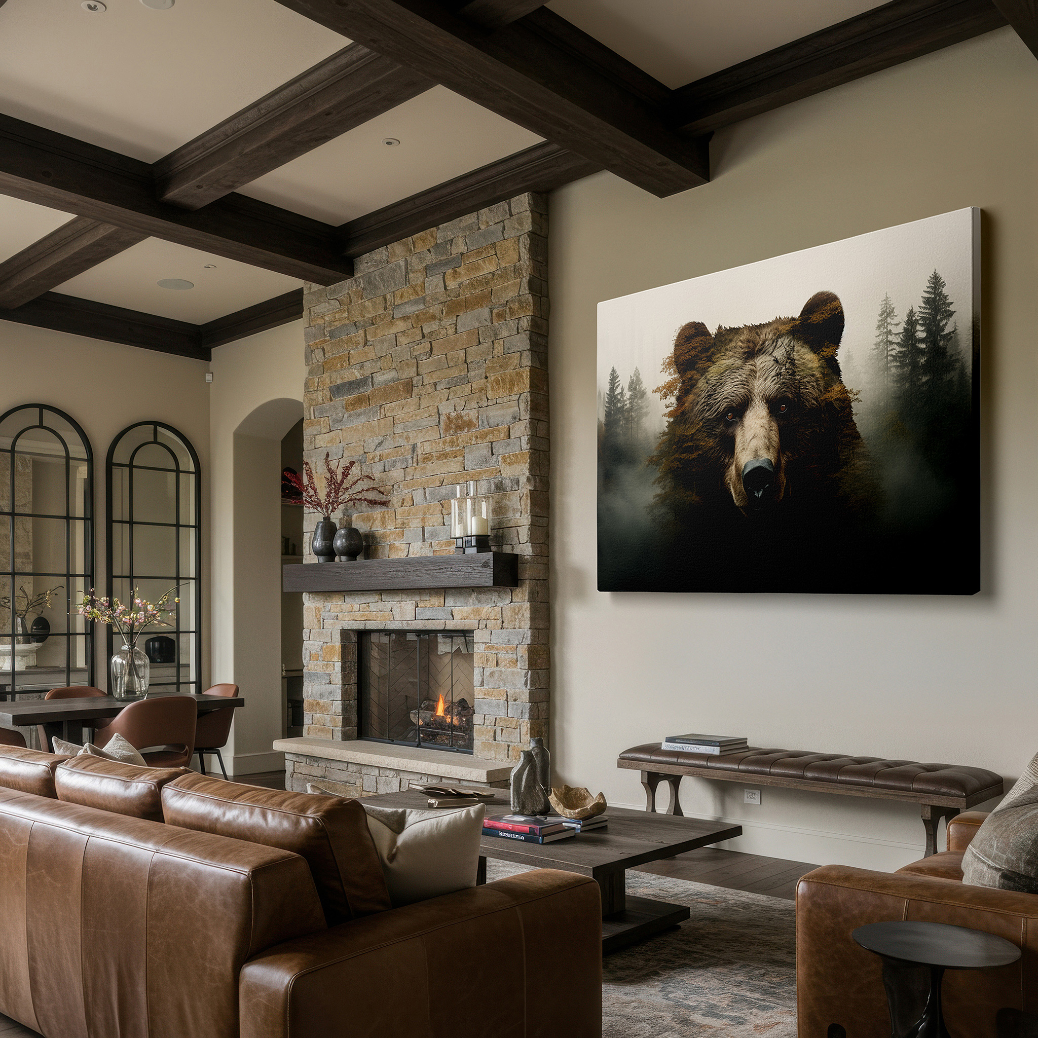 Side profile highlights a tightly wrapped canvas over a 3 cm deep stretcher — bear emerging from a misty forest: a perfect fusion of wild spirit and peaceful woods - large canvas wall art for home and office decor