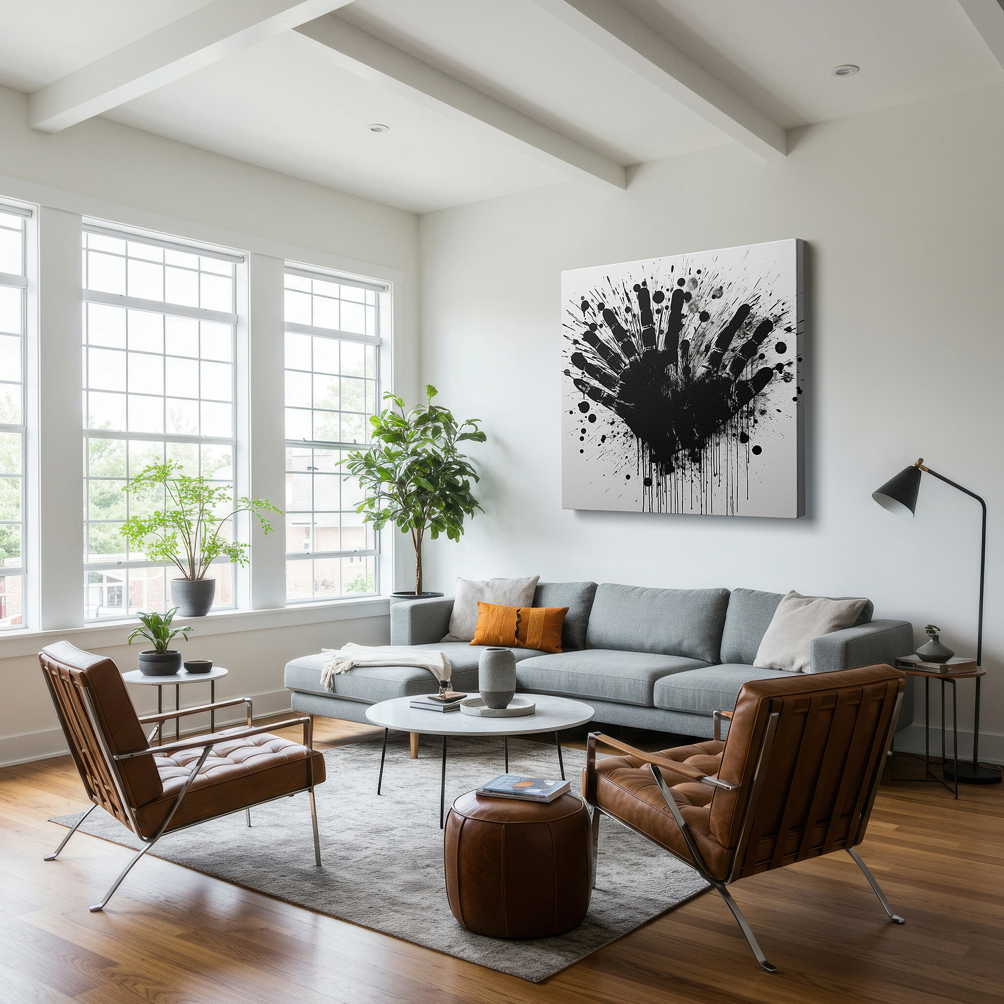 Side profile highlights a tightly wrapped canvas over a 3 cm deep stretcher — black handprint on white background: a representation of identity and emotion - large wall art, canvas wall art, wall decor for office and bedroom