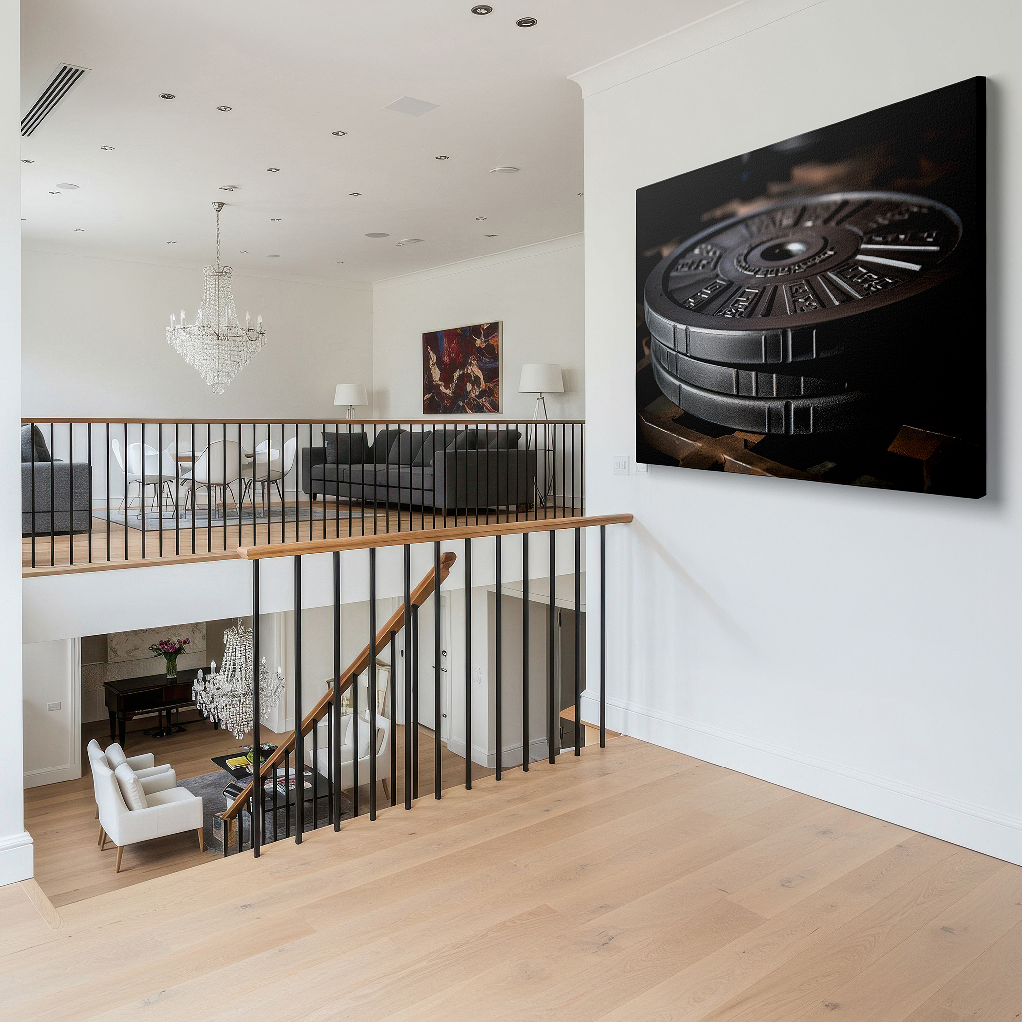 Side profile highlights a tightly wrapped canvas over a 3 cm deep stretcher — black weight plates on a sturdy rack wall art, canvas wall art, office and bedroom decor