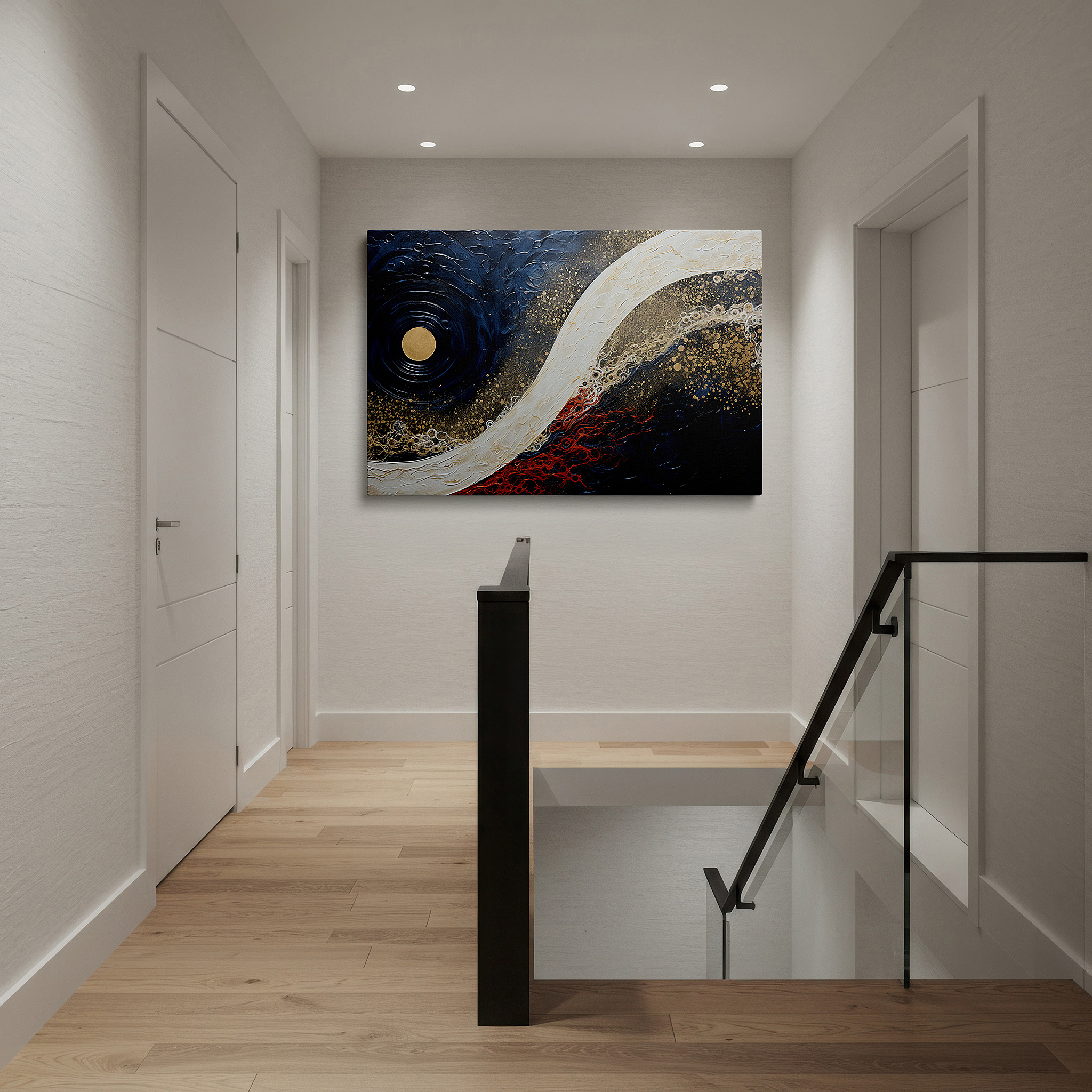 Side profile highlights a tightly wrapped canvas over a 3 cm deep stretcher — blue, white, and gold elegance - abstract expression and natural harmony masterpiece large wall art, canvas wall art, wall art decor for office
