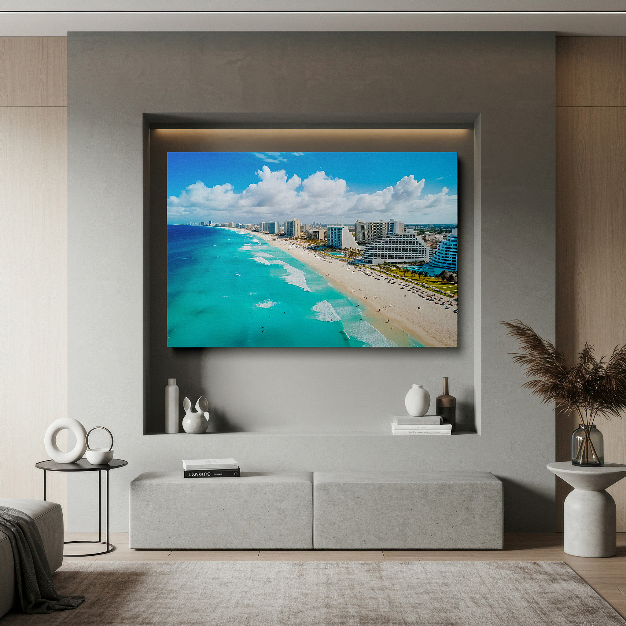 Side profile highlights a tightly wrapped canvas over a 3 cm deep stretcher — cancun's aerial splendor: beach paradise with lush resorts and turquoise waters - large canvas wall art for office decor