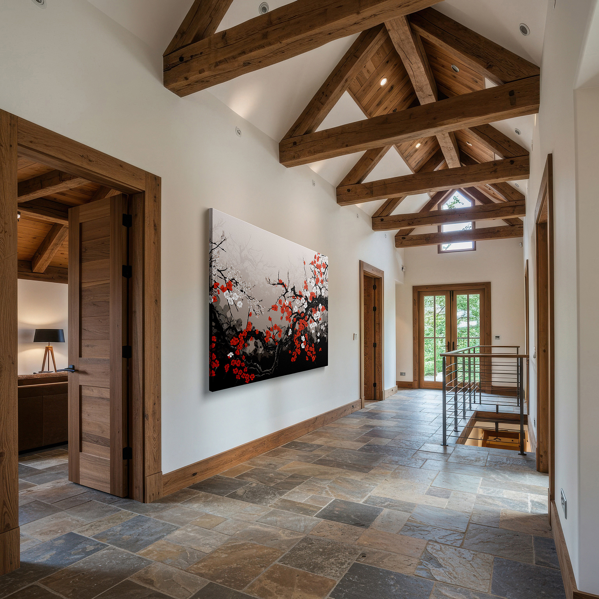 Side profile highlights a tightly wrapped canvas over a 3 cm deep stretcher — cherry blossoms in spring dance canvas wall art, large wall decor for office, evoking serenity and joy