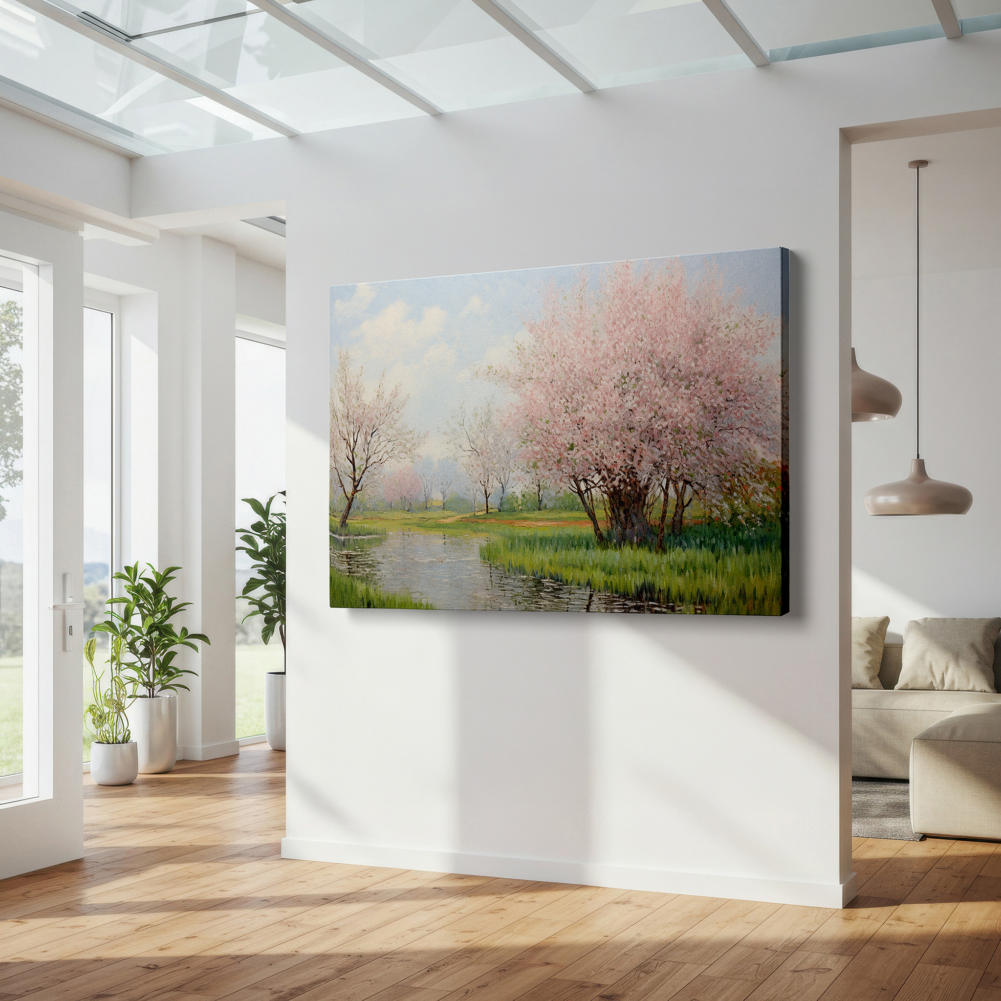 Side profile highlights a tightly wrapped canvas over a 3 cm deep stretcher — cherry blossoms and tranquil waters spring essence large canvas wall art for office, bedroom, and living room decor