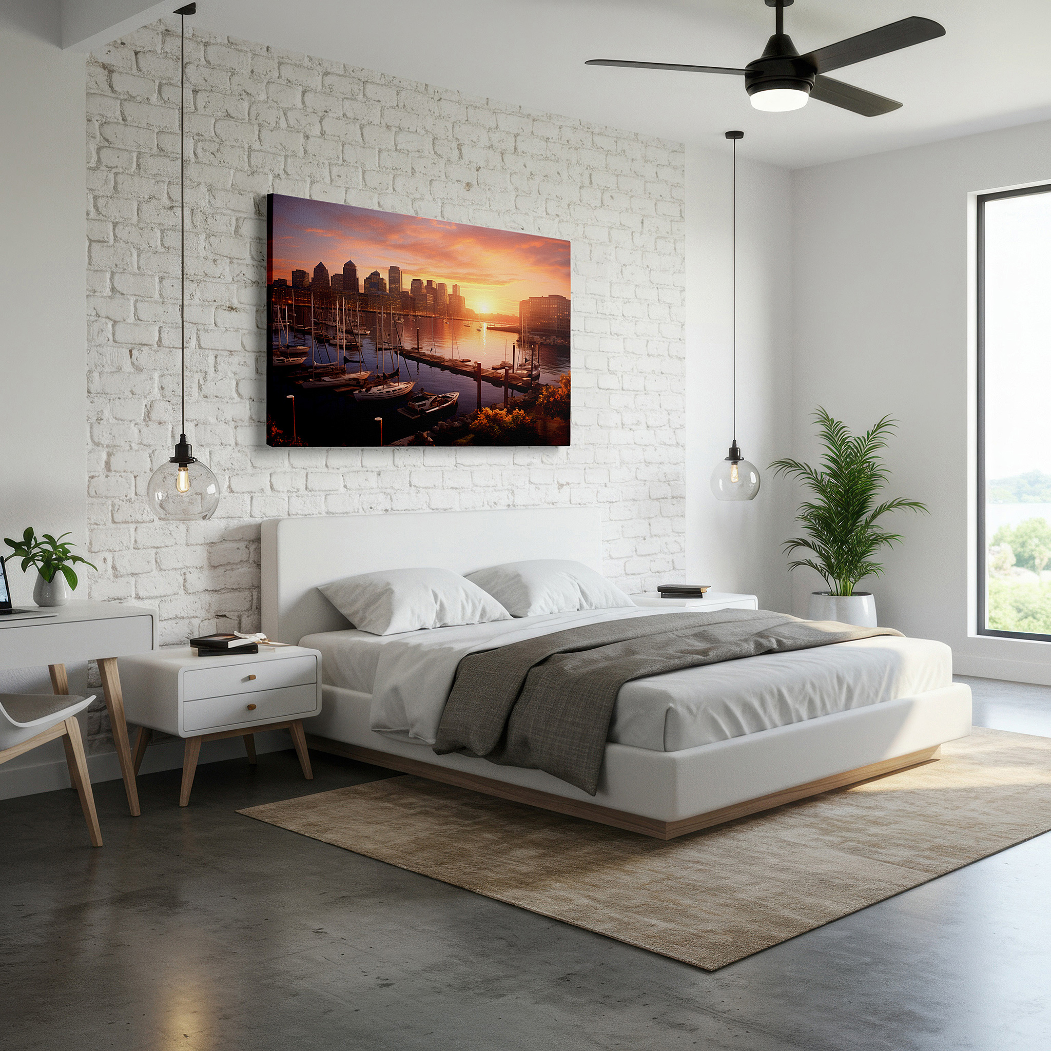 Side profile highlights a tightly wrapped canvas over a 3 cm deep stretcher — city sunrise - a fusion of modern and traditional architectures, large canvas wall art for office decor