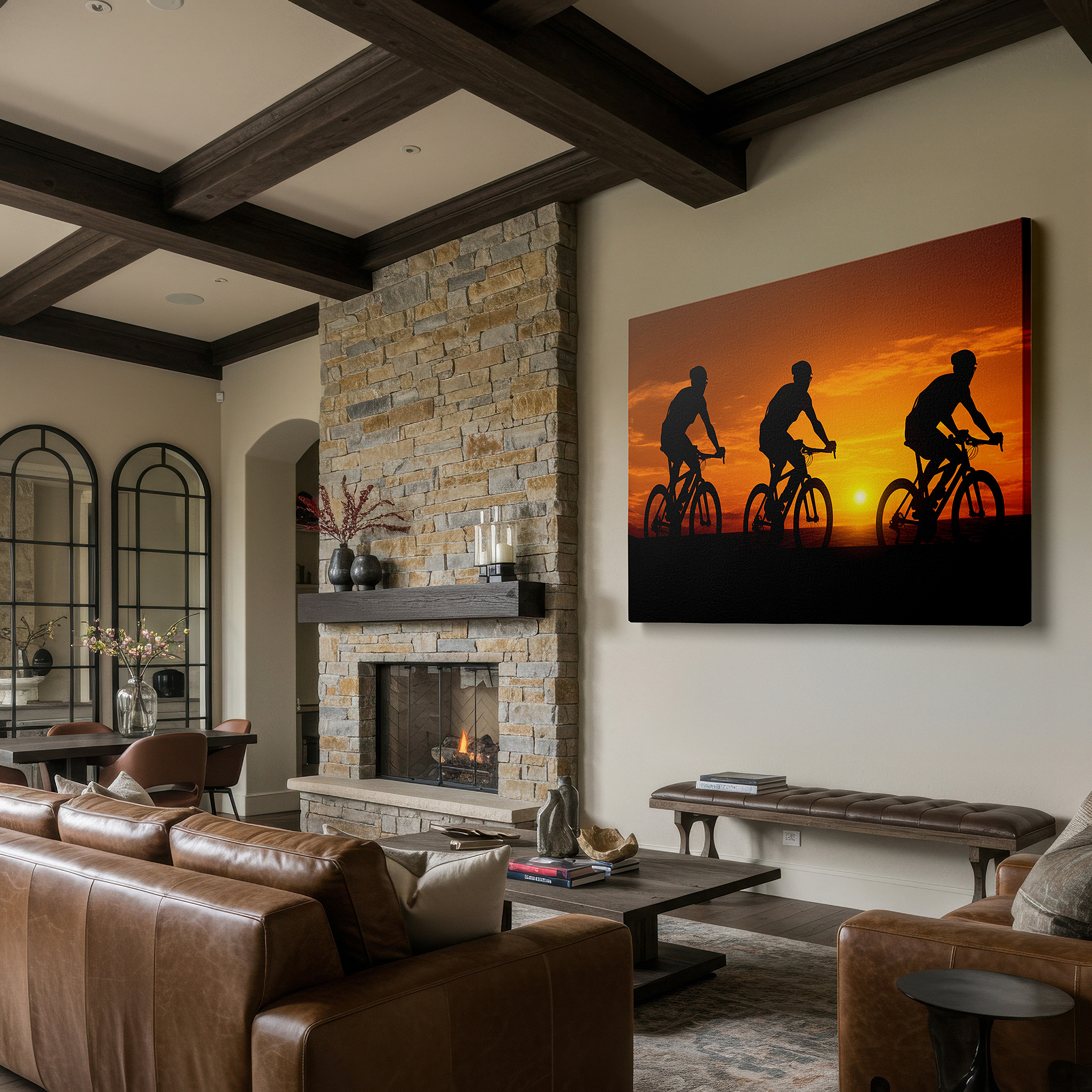 Side profile highlights a tightly wrapped canvas over a 3 cm deep stretcher — cyclists at sunset: essence of movement and freedom - large canvas wall art for home and office decor