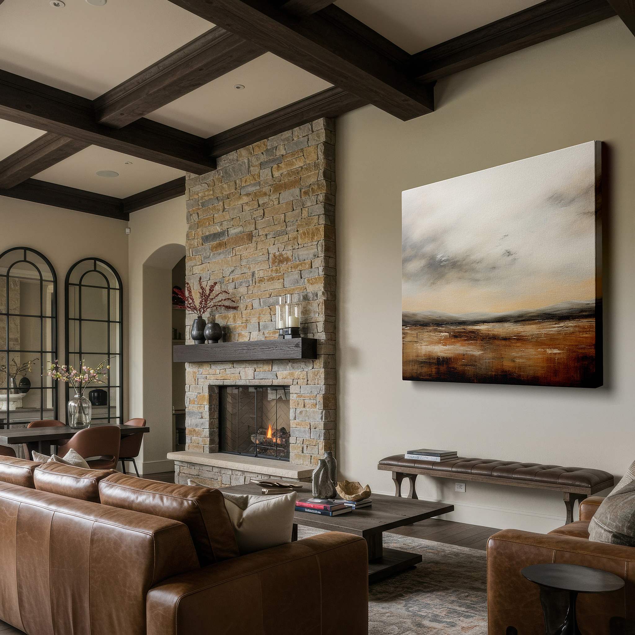 Side profile highlights a tightly wrapped canvas over a 3 cm deep stretcher — dreamlike serene landscape in soft earthy tones: large canvas wall art for peace and reflection, perfect for office decor