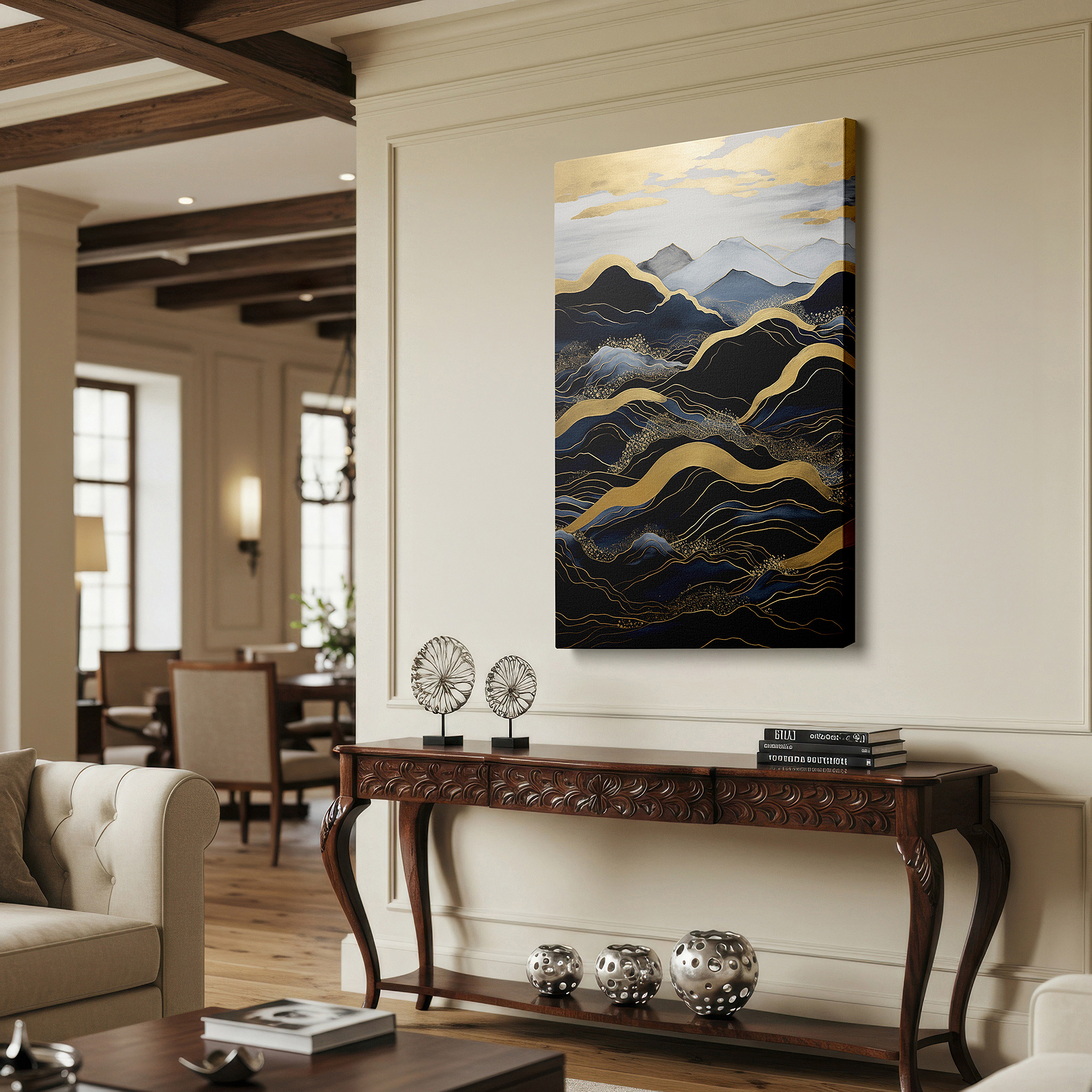 Side profile highlights a tightly wrapped canvas over a 3 cm deep stretcher — elegant black and gold majestic mountains, luxurious large wall art, canvas decor for office and bedroom