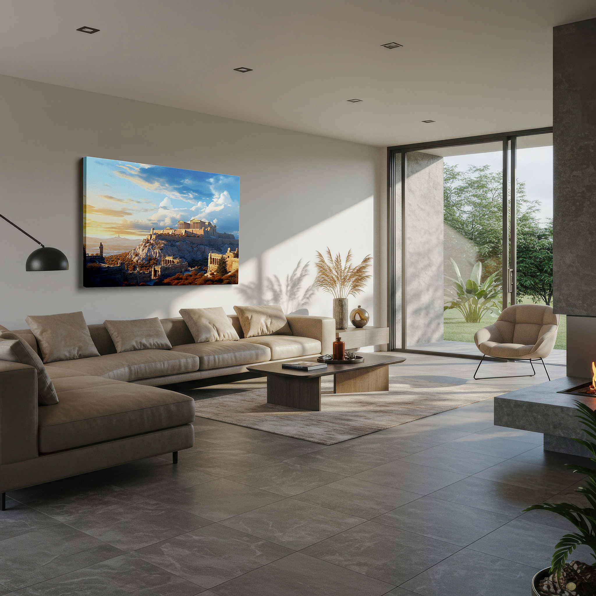 Side profile highlights a tightly wrapped canvas over a 3 cm deep stretcher — ethereal acropolis: a tribute to time, nature, and human effort - large wall art, canvas wall art, wall decor for office and bedroom