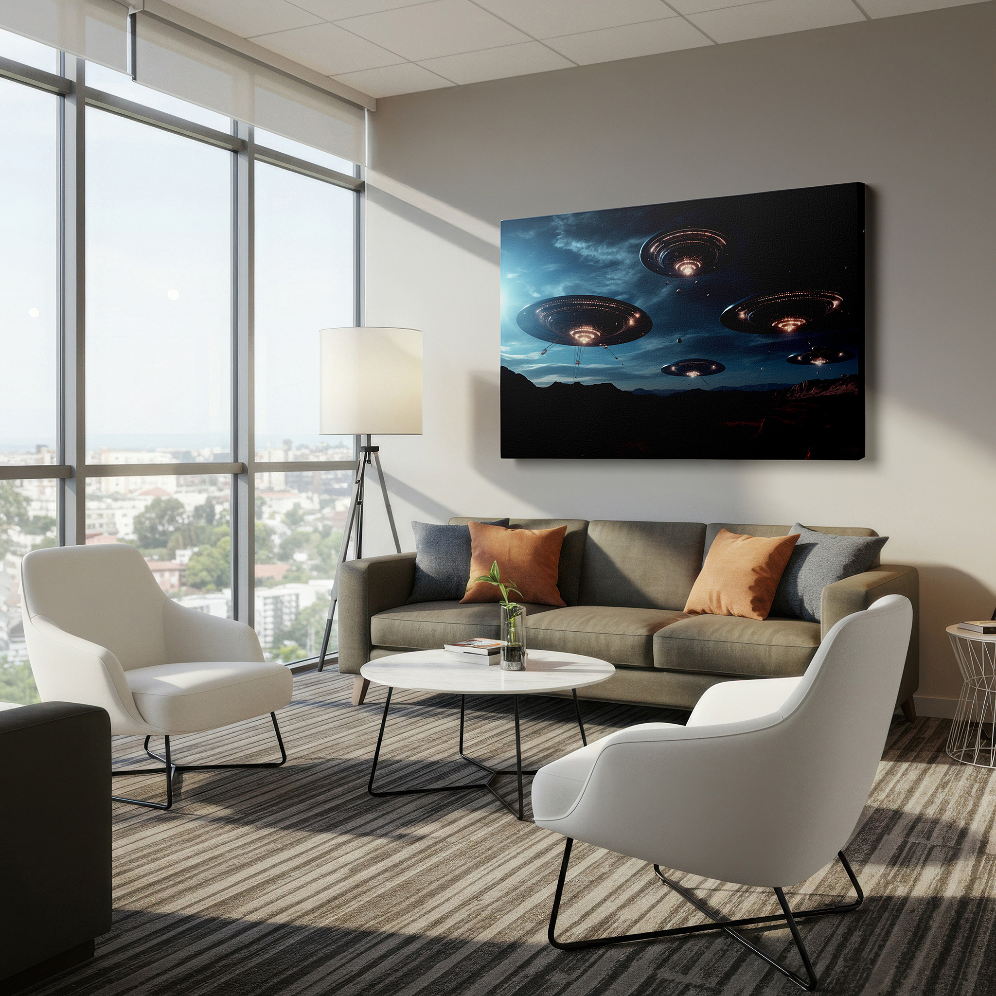 Side profile highlights a tightly wrapped canvas over a 3 cm deep stretcher — futuristic ufos hovering above a barren desert in a cosmic encounter - large wall art, canvas wall art, wall decor for office and bedroom