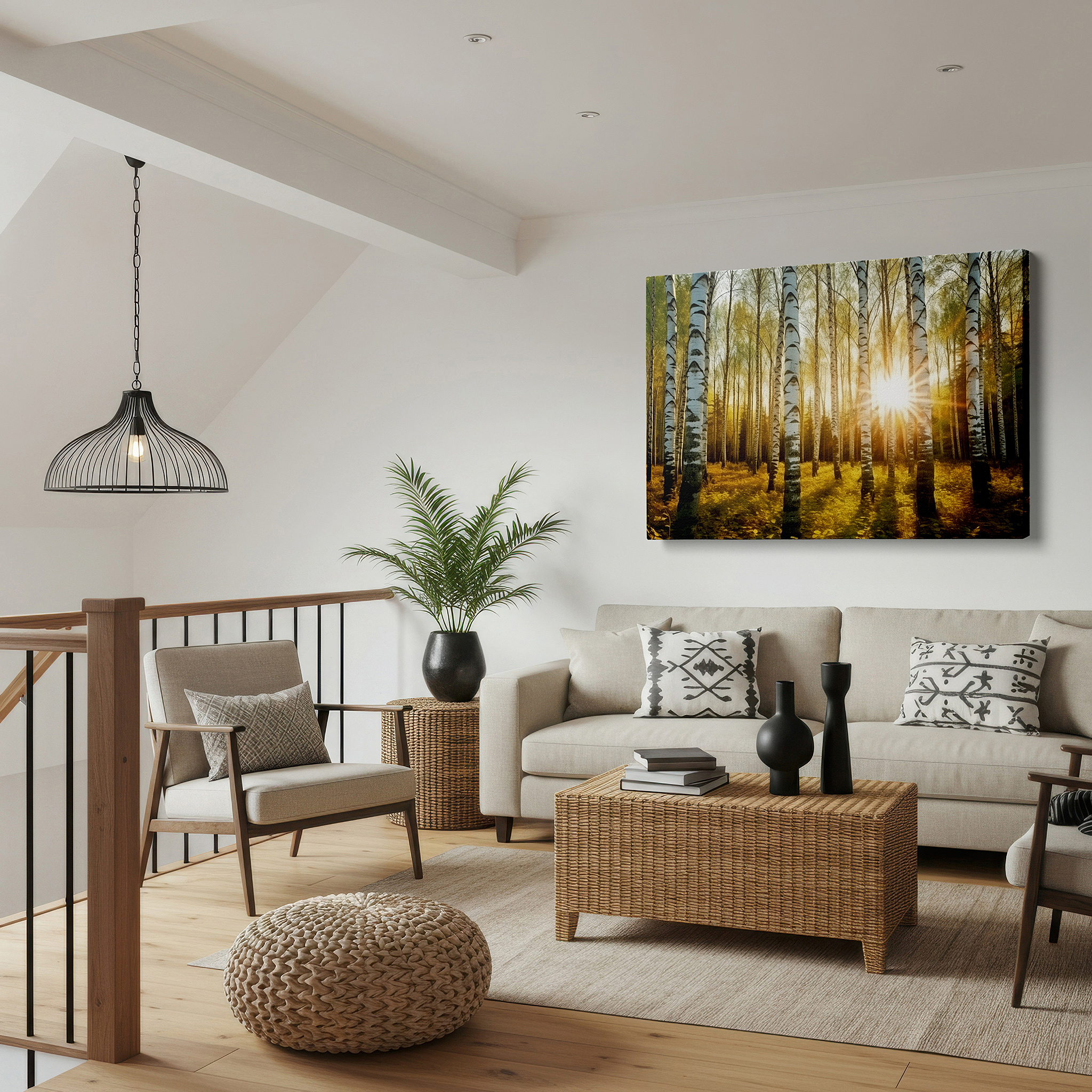 Side profile highlights a tightly wrapped canvas over a 3 cm deep stretcher — golden hour birch forest - slender trees bathed in radiant sunlight large wall art, canvas wall decor for office and bedroom