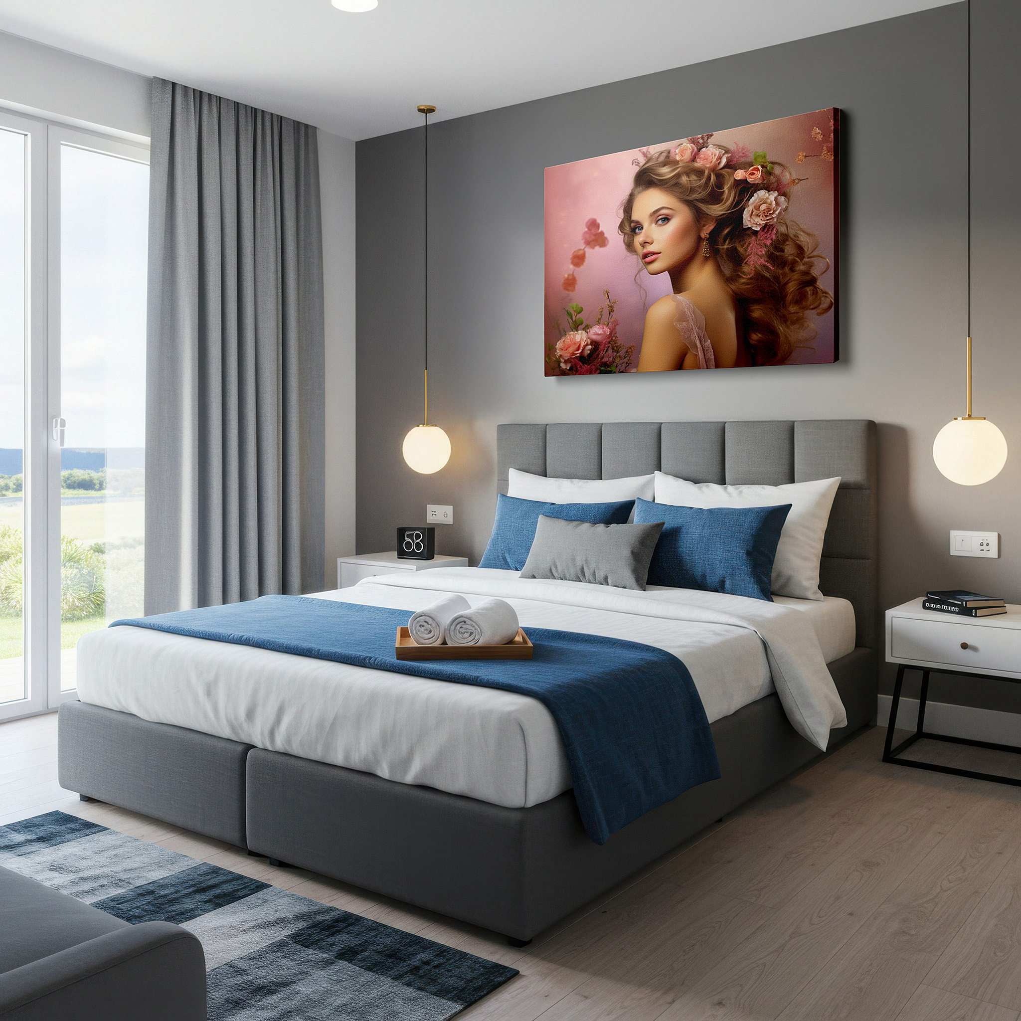 Side profile highlights a tightly wrapped canvas over a 3 cm deep stretcher — graceful and timeless femininity captured in nature-inspired large wall art for office and bedroom decor