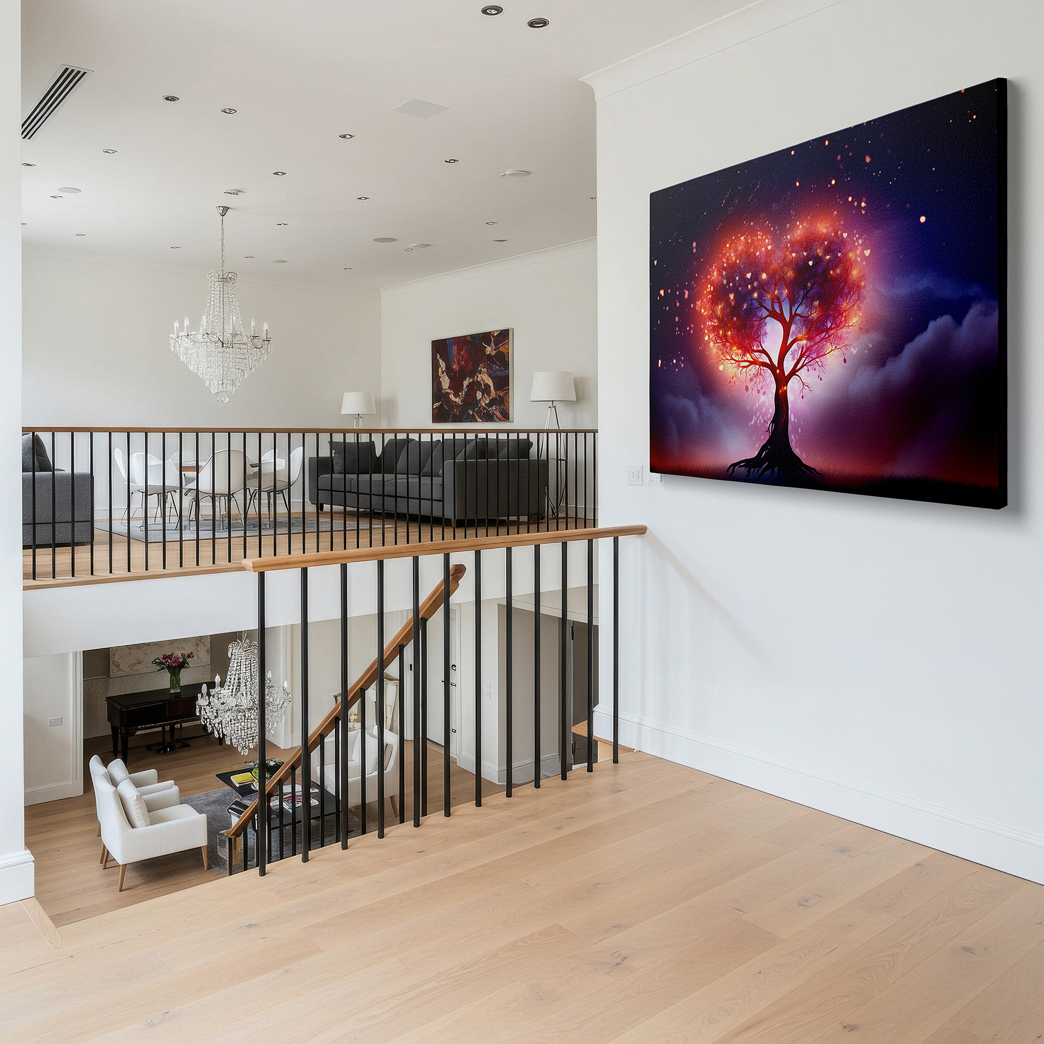 Side profile highlights a tightly wrapped canvas over a 3 cm deep stretcher — heart-shaped tree under twilight sky with twinkling stars large canvas wall art for office and bedroom decor