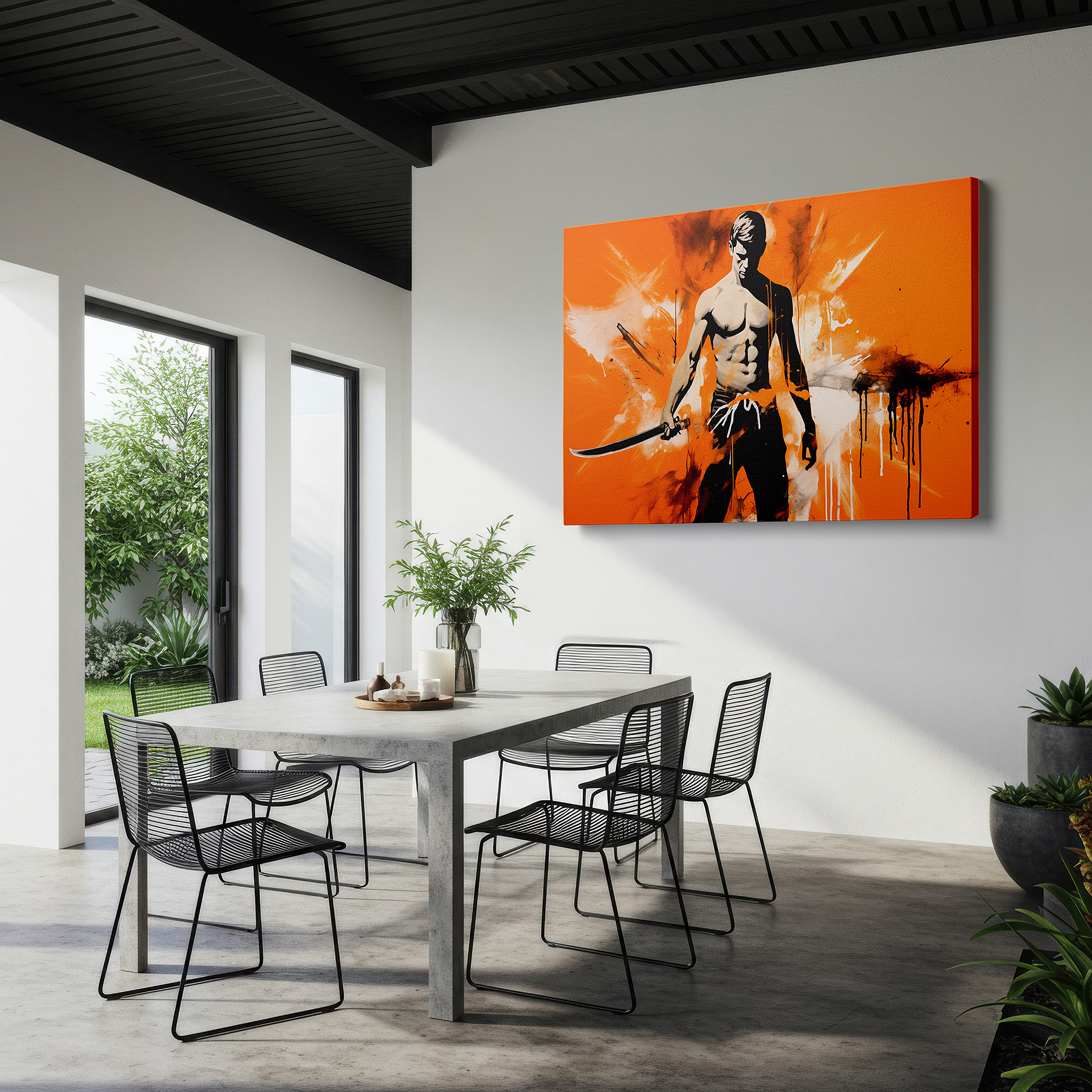 Side profile highlights a tightly wrapped canvas over a 3 cm deep stretcher — heroic silhouette set against a fiery orange backdrop, a bold display of determination and strength - large canvas wall art for office decor