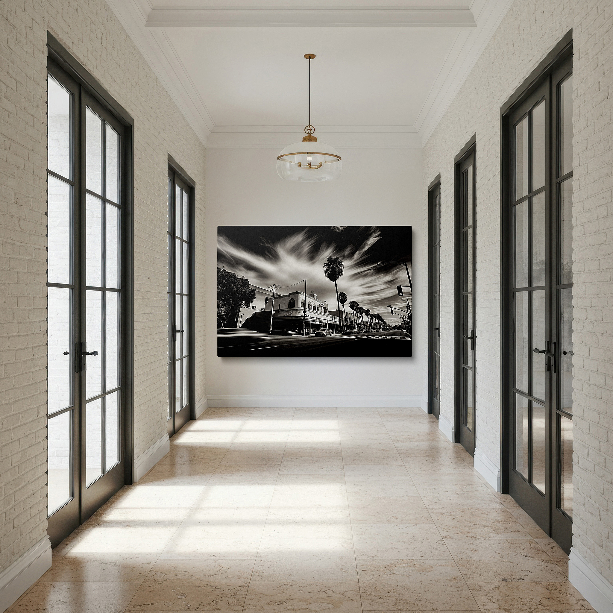 Side profile highlights a tightly wrapped canvas over a 3 cm deep stretcher — historical charm blends with contemporary style in a lively street setting featuring detailed architecture and verdant palms - large wall art, canvas wall art