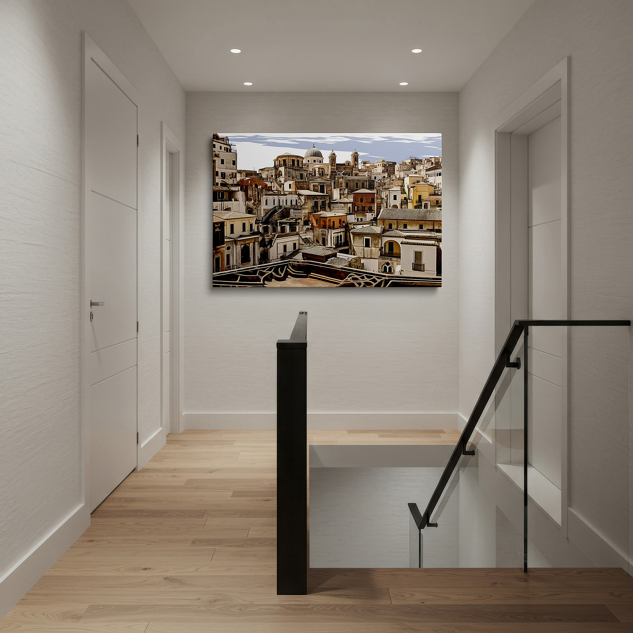 Side profile highlights a tightly wrapped canvas over a 3 cm deep stretcher — italian cityscape wall art: blending historic elegance with modern innovation for office, bedroom, and living room decor