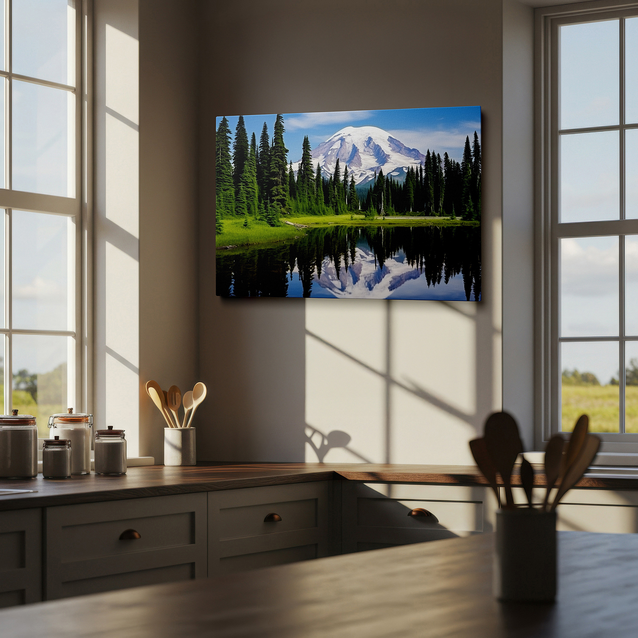 Side profile highlights a tightly wrapped canvas over a 3 cm deep stretcher — majestic mountain and serene lake reflection surrounded by lush evergreens - large canvas wall art for office and bedroom decor