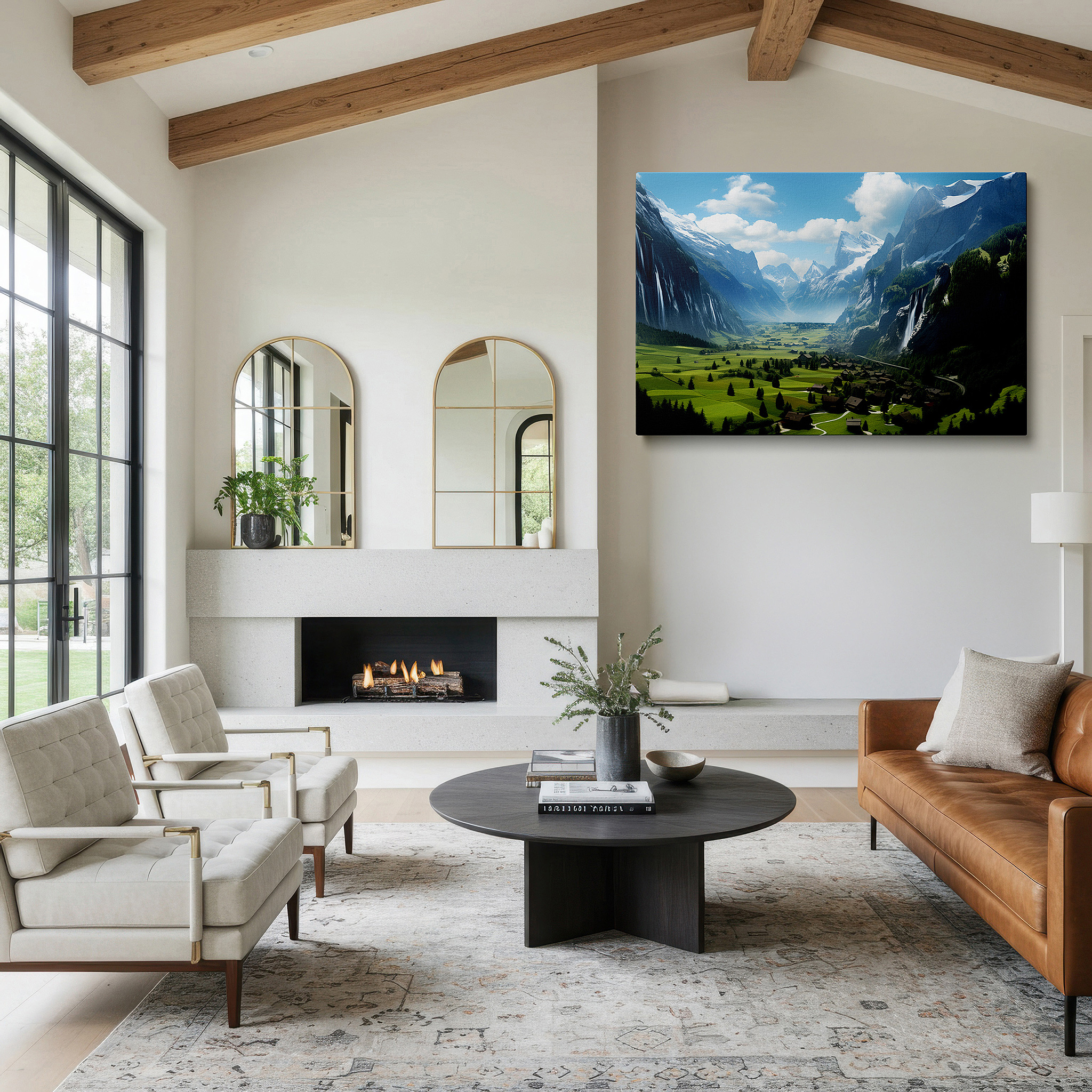 Side profile highlights a tightly wrapped canvas over a 3 cm deep stretcher — majestic mountains and charming village surrounded by green valleys and waterfalls - large canvas wall art for home and office decor