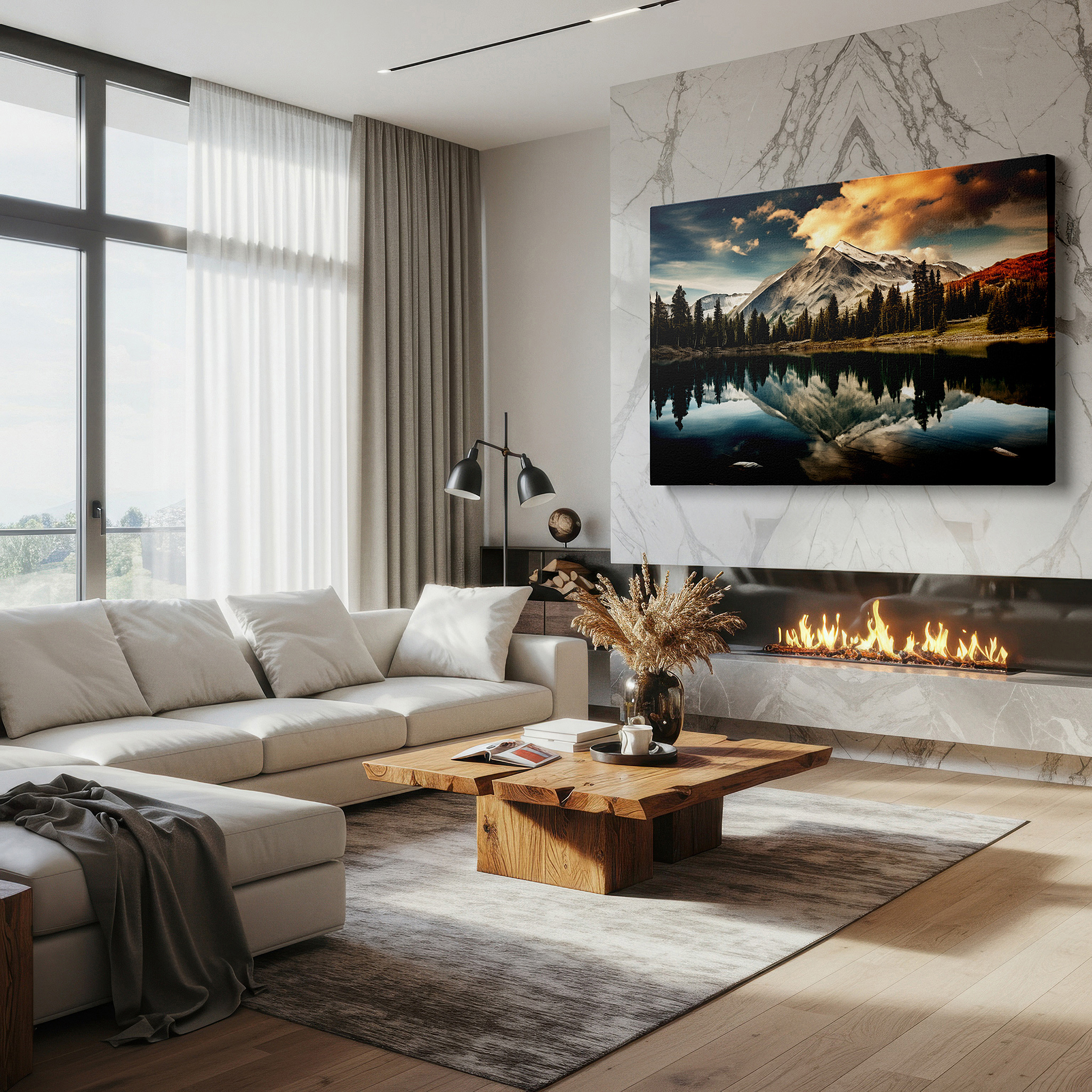 Side profile highlights a tightly wrapped canvas over a 3 cm deep stretcher — majestic mountains and serene lake reflections at dawn - large canvas wall art for office and bedroom decor