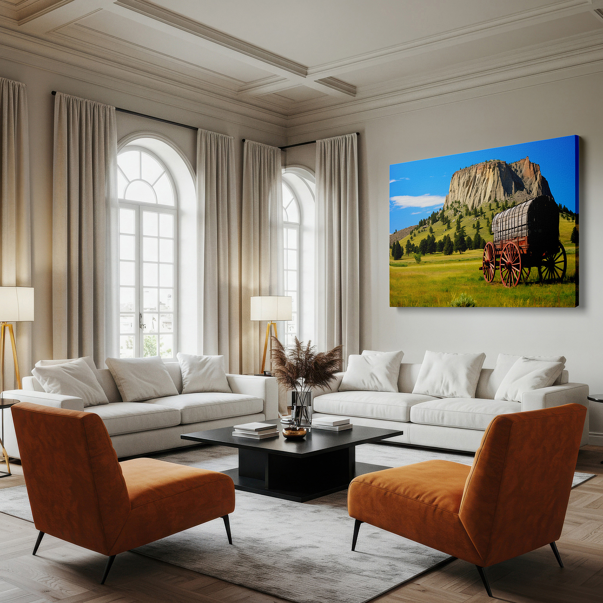 Side profile highlights a tightly wrapped canvas over a 3 cm deep stretcher — majestic rocks with wagon at base, emblematic of adventure and natural artistry, large canvas wall art for office decor