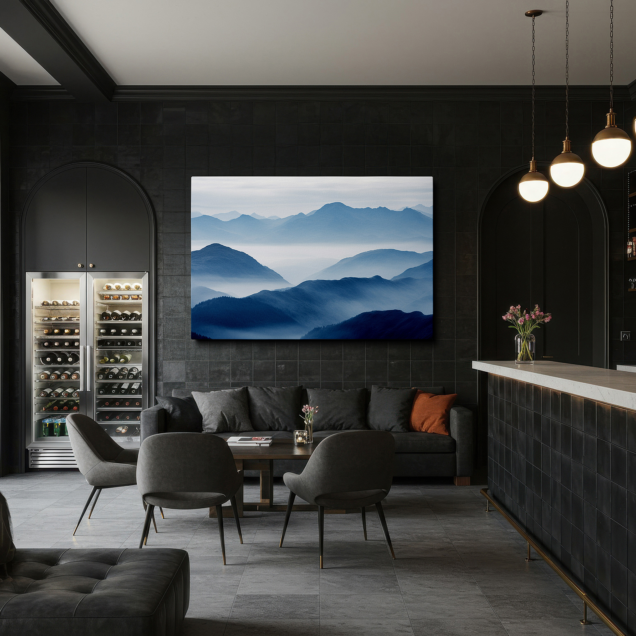 Side profile highlights a tightly wrapped canvas over a 3 cm deep stretcher — misty mountain serenity: symphony of blue hues large canvas wall art for office, bedroom, and living room decor