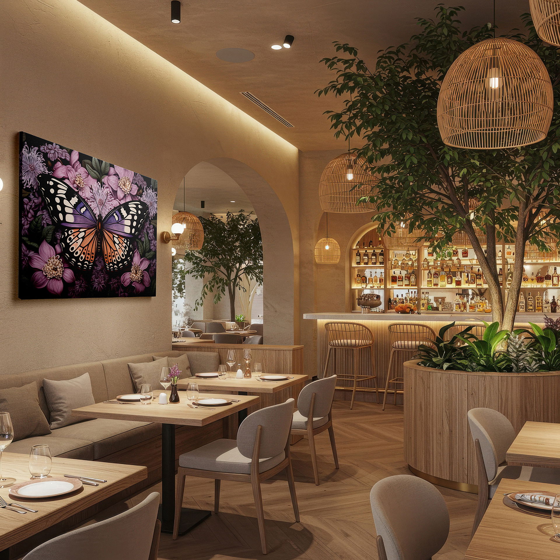 Side profile highlights a tightly wrapped canvas over a 3 cm deep stretcher — monarch butterfly resting on colorful flowers, tranquil nature landscape, large canvas wall art for home and office decor