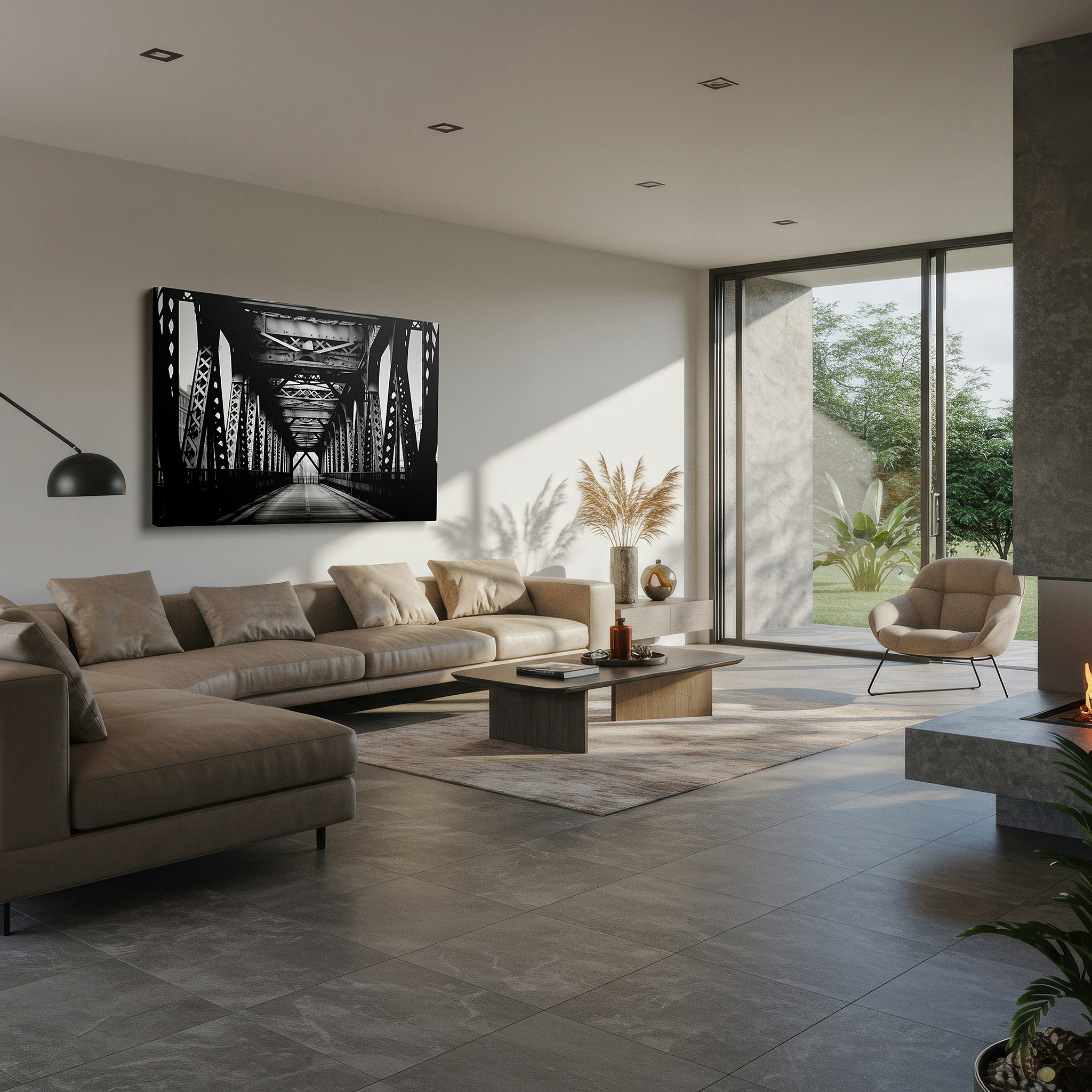Side profile highlights a tightly wrapped canvas over a 3 cm deep stretcher — monochrome industrial bridge: a study of form and function - large wall art, canvas wall art, wall decor for office and bedroom