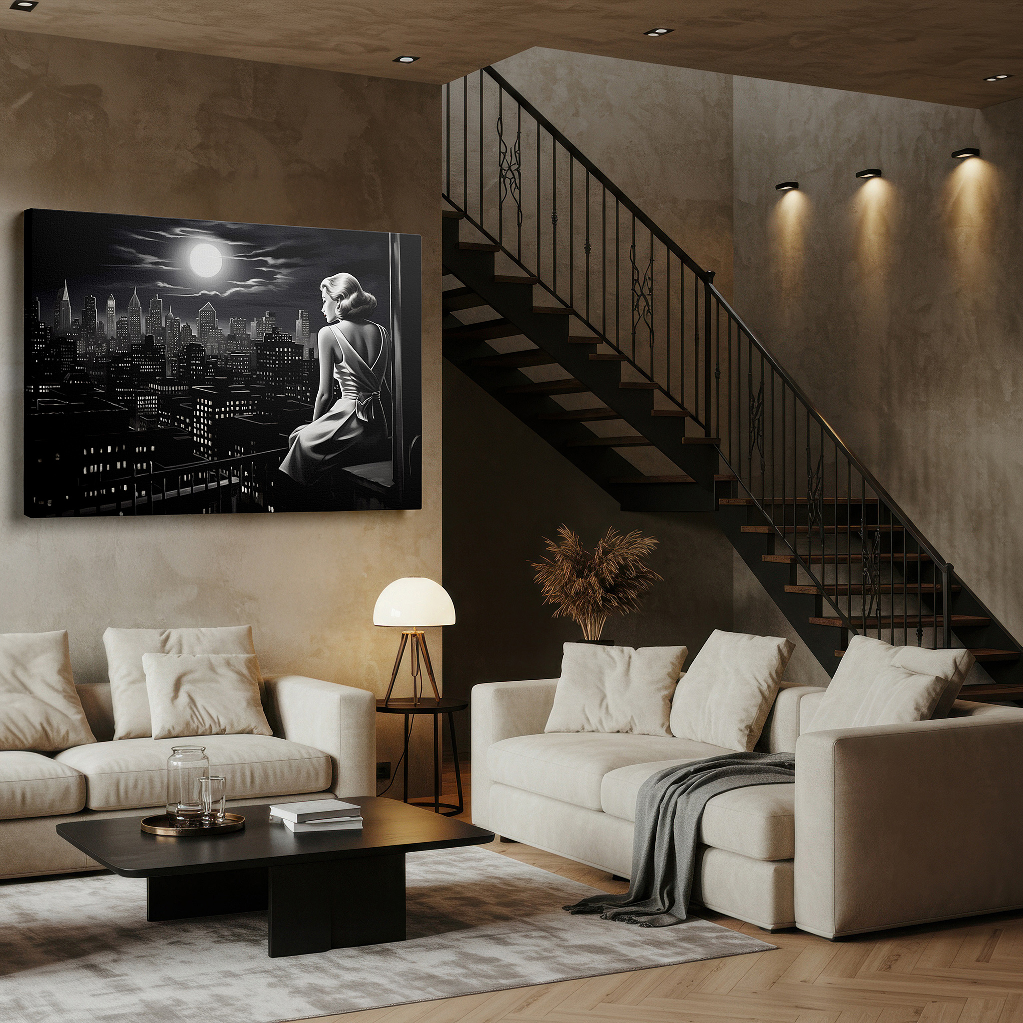 Side profile highlights a tightly wrapped canvas over a 3 cm deep stretcher — moonlit contemplation: reflective nostalgia and urban exploration in large wall art, canvas decor for offices and bedrooms